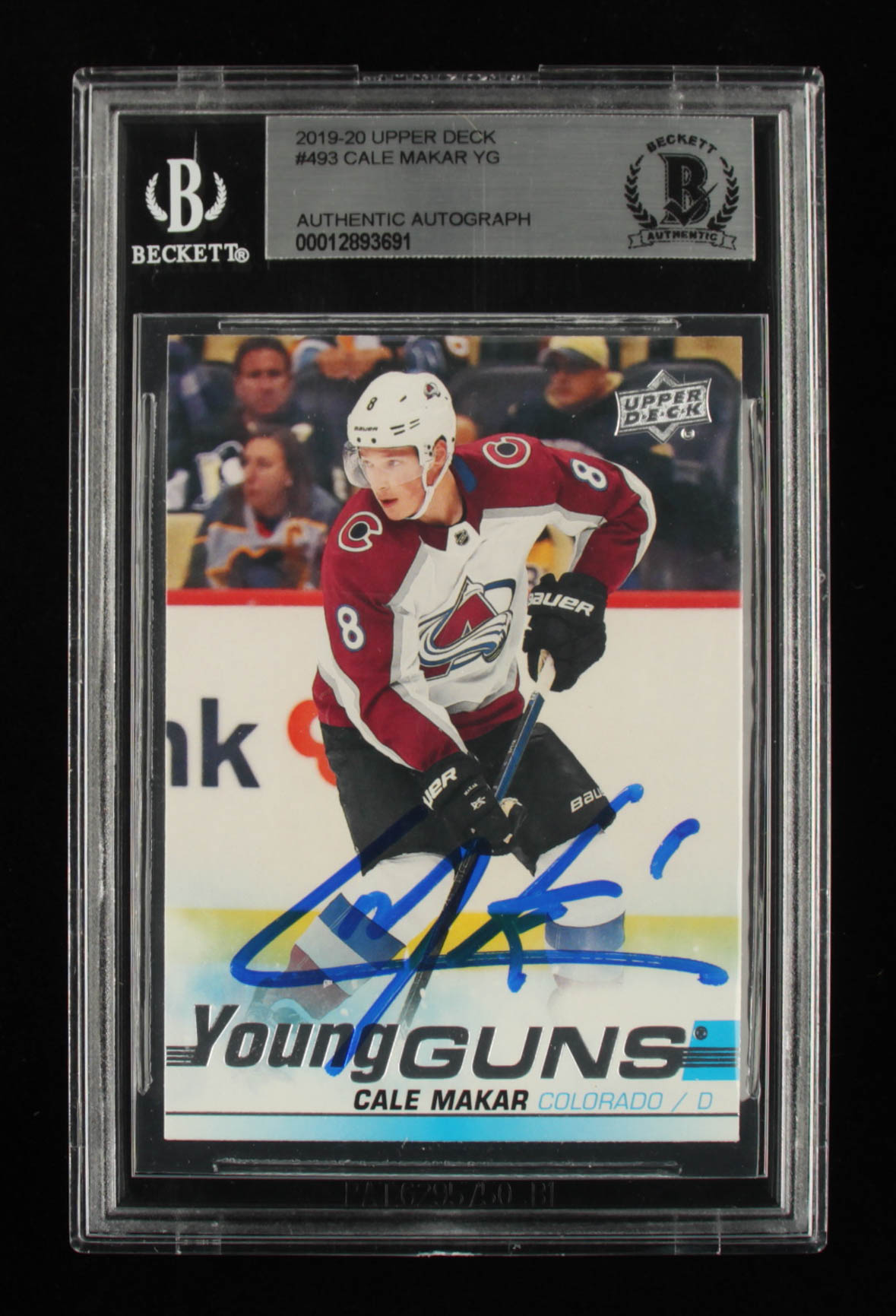 Cale Makar Signed 2019-20 Upper Deck #493 Young Guns RC (BGS Encapsulated) at PristineAuction.com Cale Makar Signed 2019-20 Upper Deck #493 Young Guns RC (BGS Encapsulated) at PristineAuction.com