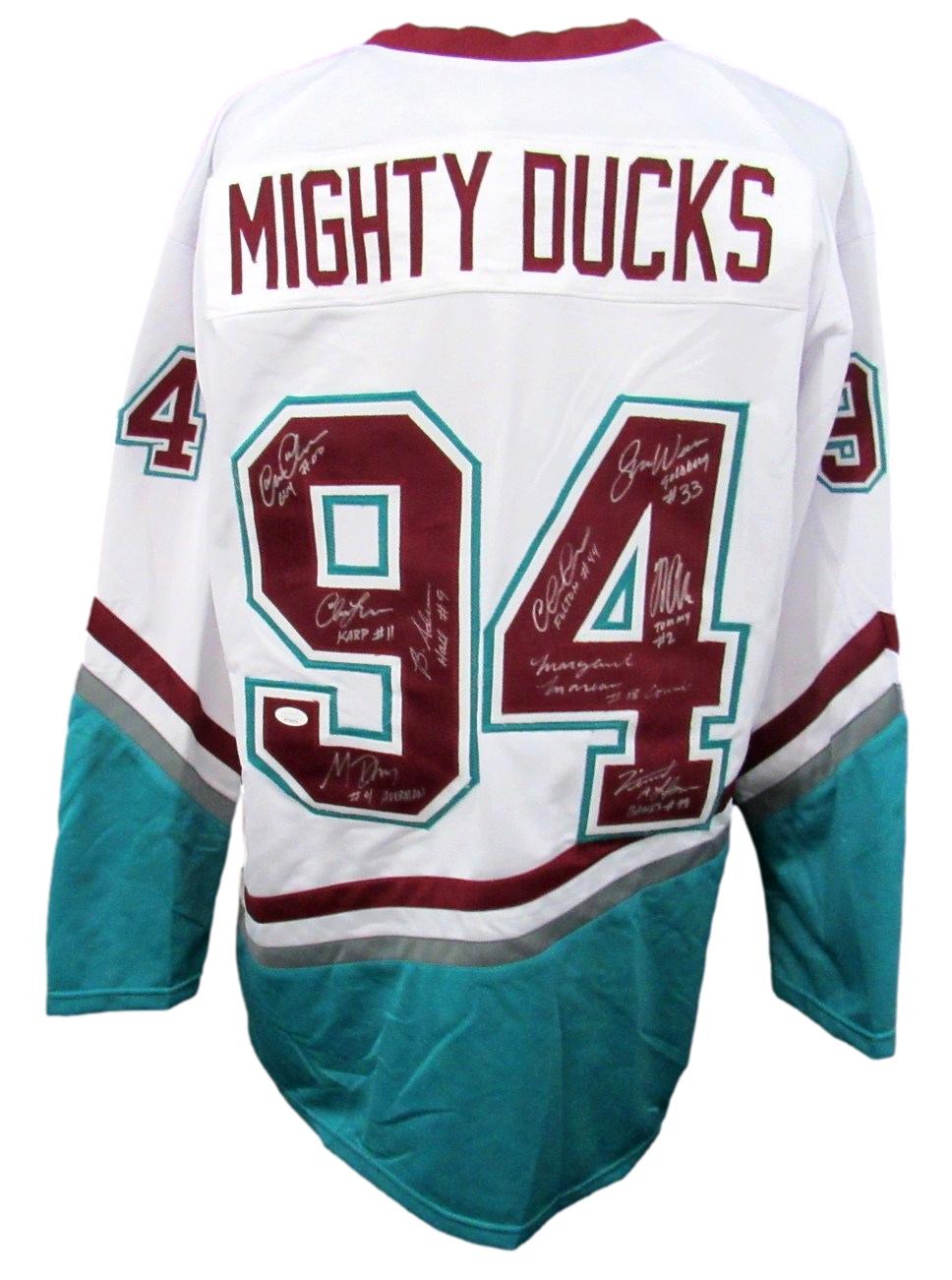 "The Mighty Ducks" Jersey Cast-Signed by (9) with Brandon Adams, Matt Doherty, Aaron Schwartz, Shaun Weiss (JSA COA) at PristineAuction.com "The Mighty Ducks" Jersey Cast-Signed by (9) with Brandon Adams, Matt Doherty, Aaron Schwartz, Shaun Weiss (JSA COA) at PristineAuction.com