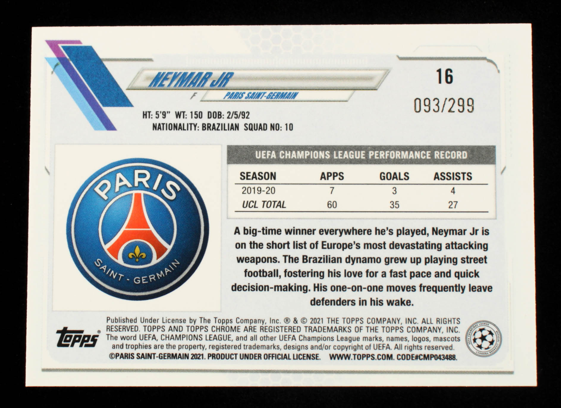 Neymar Jr 2020-21 Topps Chrome UEFA Champions League Yellow Diamond Refractors #16 #93/299 at PristineAuction.com Neymar Jr 2020-21 Topps Chrome UEFA Champions League Yellow Diamond Refractors #16 #93/299 at PristineAuction.com