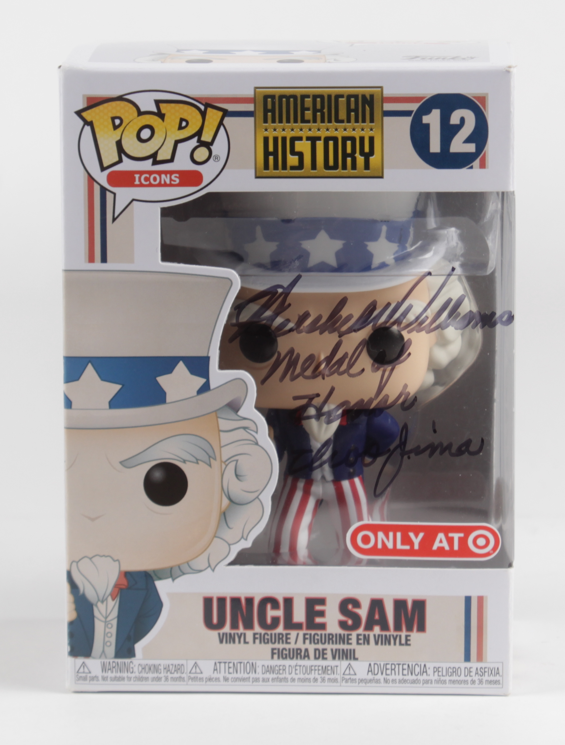 Hershel "Woody" Williams Signed "American History" Uncle Sam #12 Funko Pop Vinyl Figure Inscribed "Medal of Honor" & "Iwo Jima" (JSA) at PristineAuction.com Hershel "Woody" Williams Signed "American History" Uncle Sam #12 Funko Pop Vinyl Figure Inscribed "Medal of Honor" & "Iwo Jima" (JSA) at PristineAuction.com