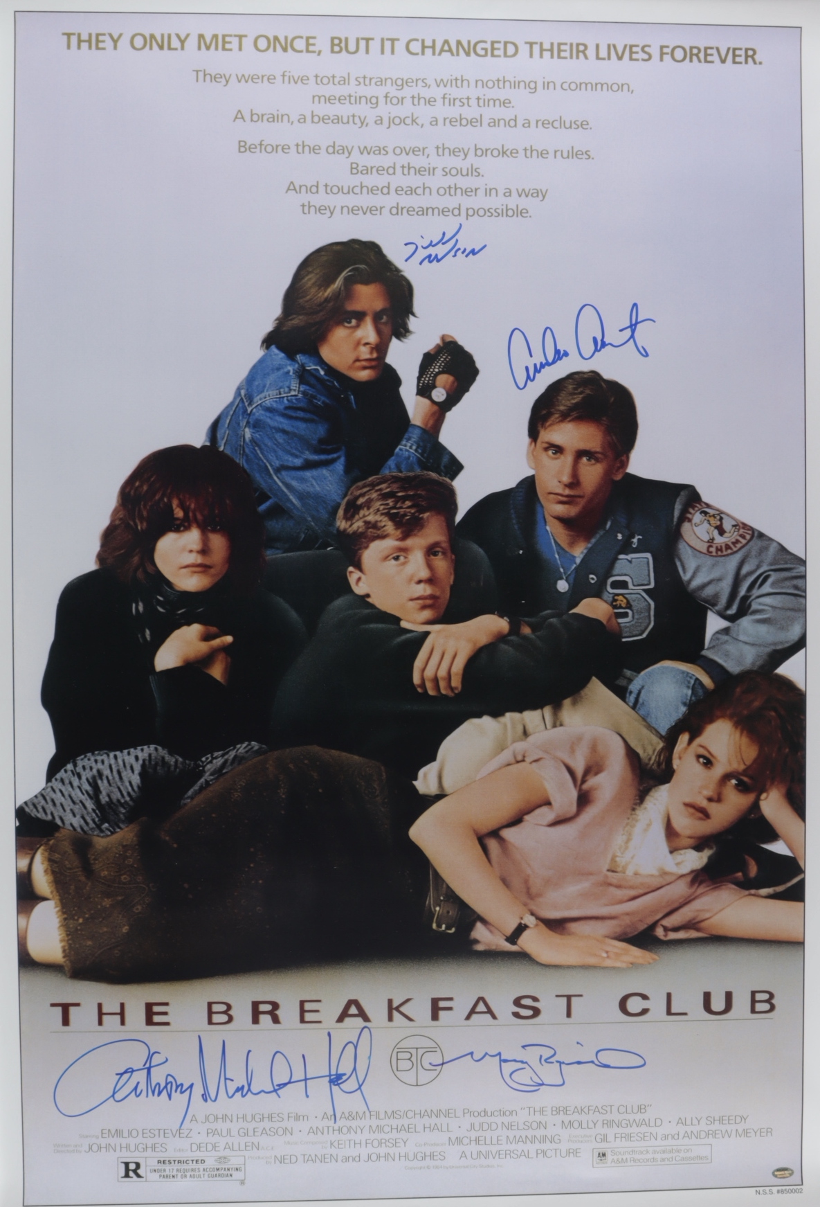 "The Breakfast Club" 24x36 Movie Poster Cast-Signed by (4) With Molly Ringwald, Emilio Estevez, Judd Nelson, Anthony Michael Hall (Schwartz COA) at PristineAuction.com "The Breakfast Club" 24x36 Movie Poster Cast-Signed by (4) With Molly Ringwald, Emilio Estevez, Judd Nelson, Anthony Michael Hall (Schwartz COA) at PristineAuction.com