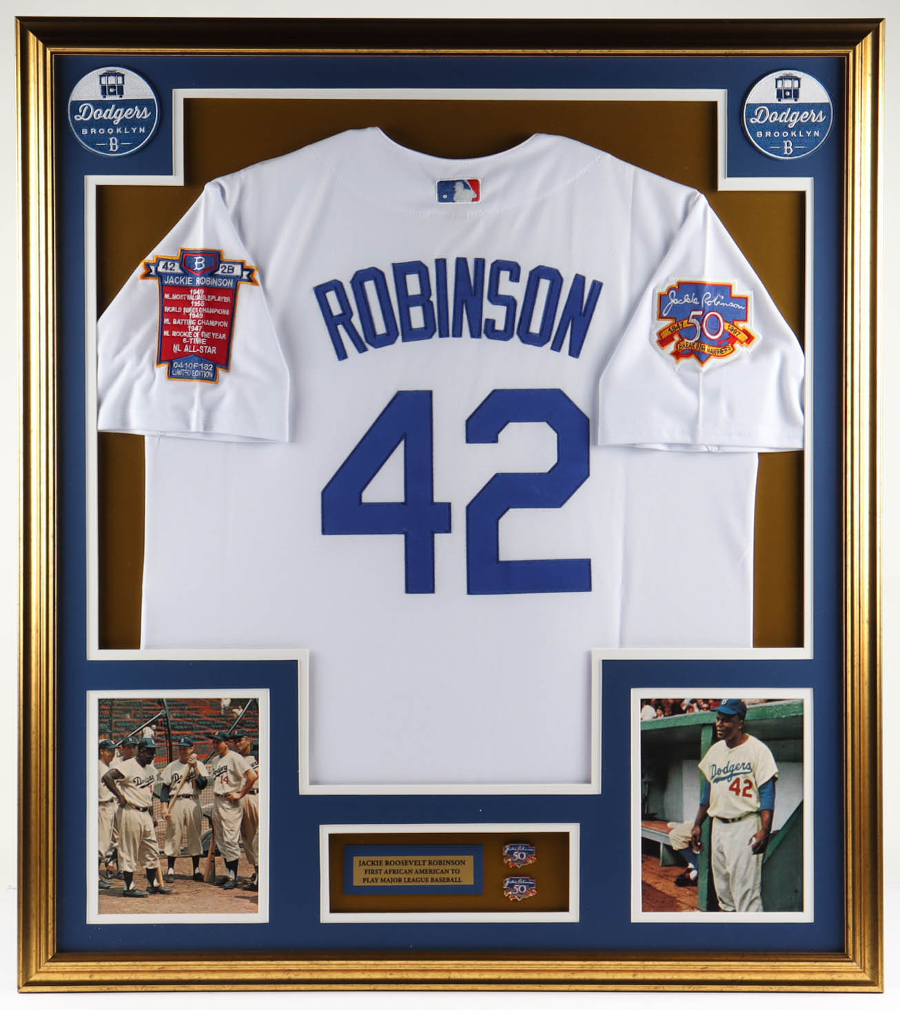 Jackie Robinson 33x37 Custom Framed LE Jersey Display with (2) 50th Anniversary Pins at PristineAuction.com Jackie Robinson 33x37 Custom Framed LE Jersey Display with (2) 50th Anniversary Pins at PristineAuction.com