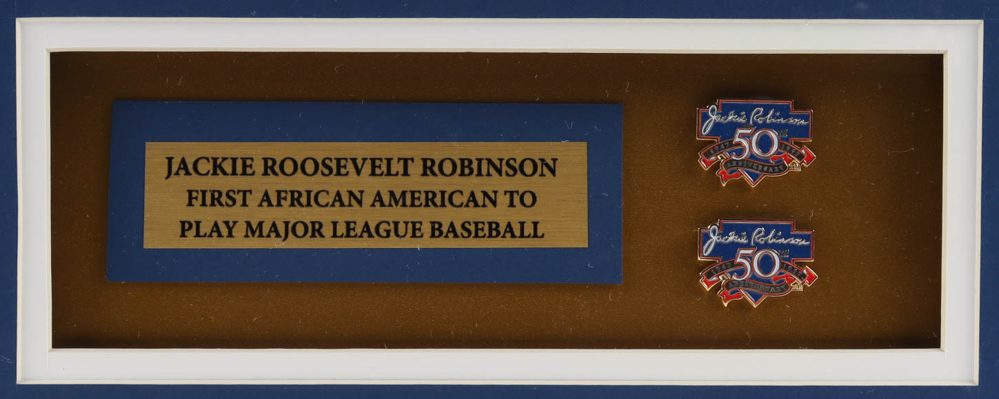 Jackie Robinson 33x37 Custom Framed LE Jersey Display with (2) 50th Anniversary Pins at PristineAuction.com Jackie Robinson 33x37 Custom Framed LE Jersey Display with (2) 50th Anniversary Pins at PristineAuction.com