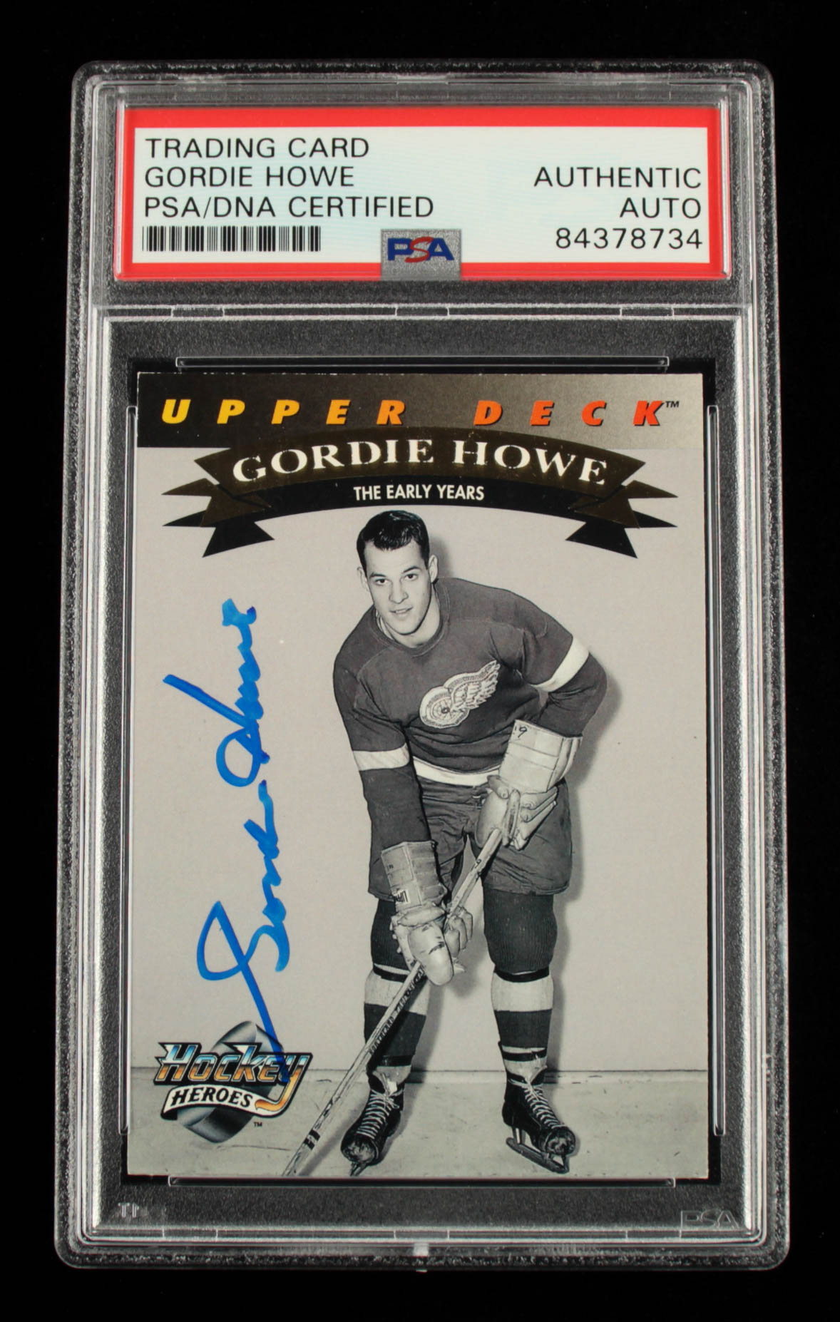 Gordie Howe Signed 1992-93 Upper Deck Gordie Howe Heroes #19 / The Early Years (PSA Encapsulated) at PristineAuction.com Gordie Howe Signed 1992-93 Upper Deck Gordie Howe Heroes #19 / The Early Years (PSA Encapsulated) at PristineAuction.com