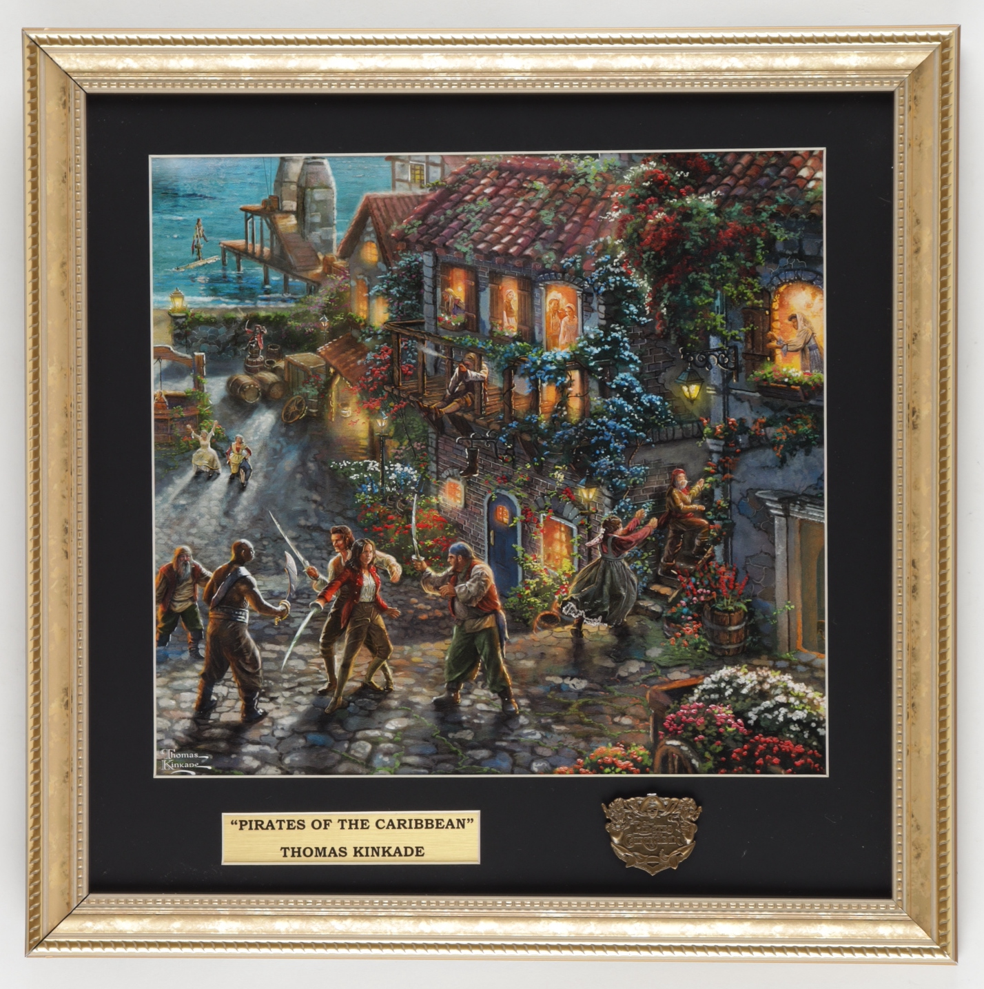 Thomas Kinkade "Pirates of the Caribbean" 16x16 Custom Framed Print Display with Bronze Emblem at PristineAuction.com Thomas Kinkade "Pirates of the Caribbean" 16x16 Custom Framed Print Display with Bronze Emblem at PristineAuction.com