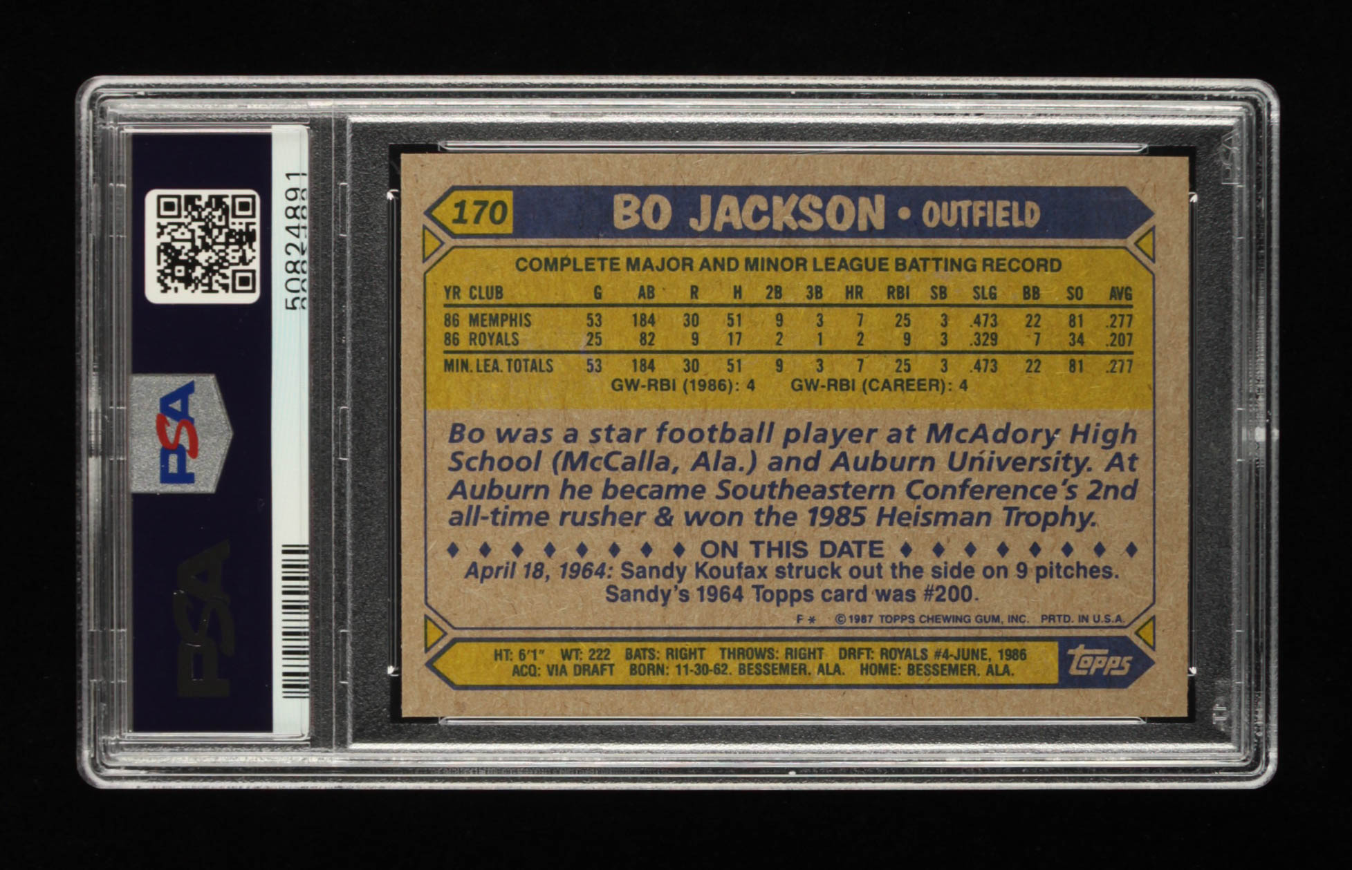 Bo Jackson 1987 Topps #170 RC (PSA 9) at PristineAuction.com Bo Jackson 1987 Topps #170 RC (PSA 9) at PristineAuction.com