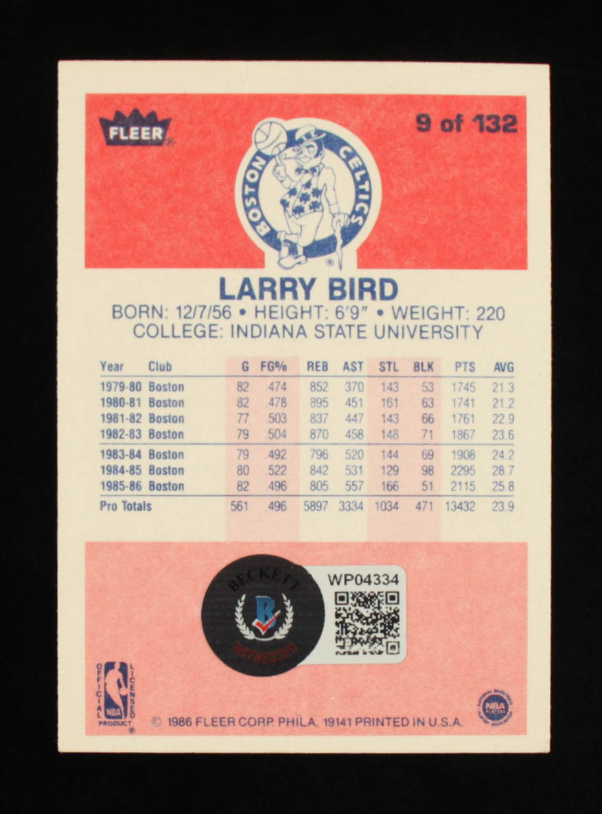 Larry Bird Signed 1986-87 Fleer #9 (Beckett Hologram) at PristineAuction.com Larry Bird Signed 1986-87 Fleer #9 (Beckett Hologram) at PristineAuction.com
