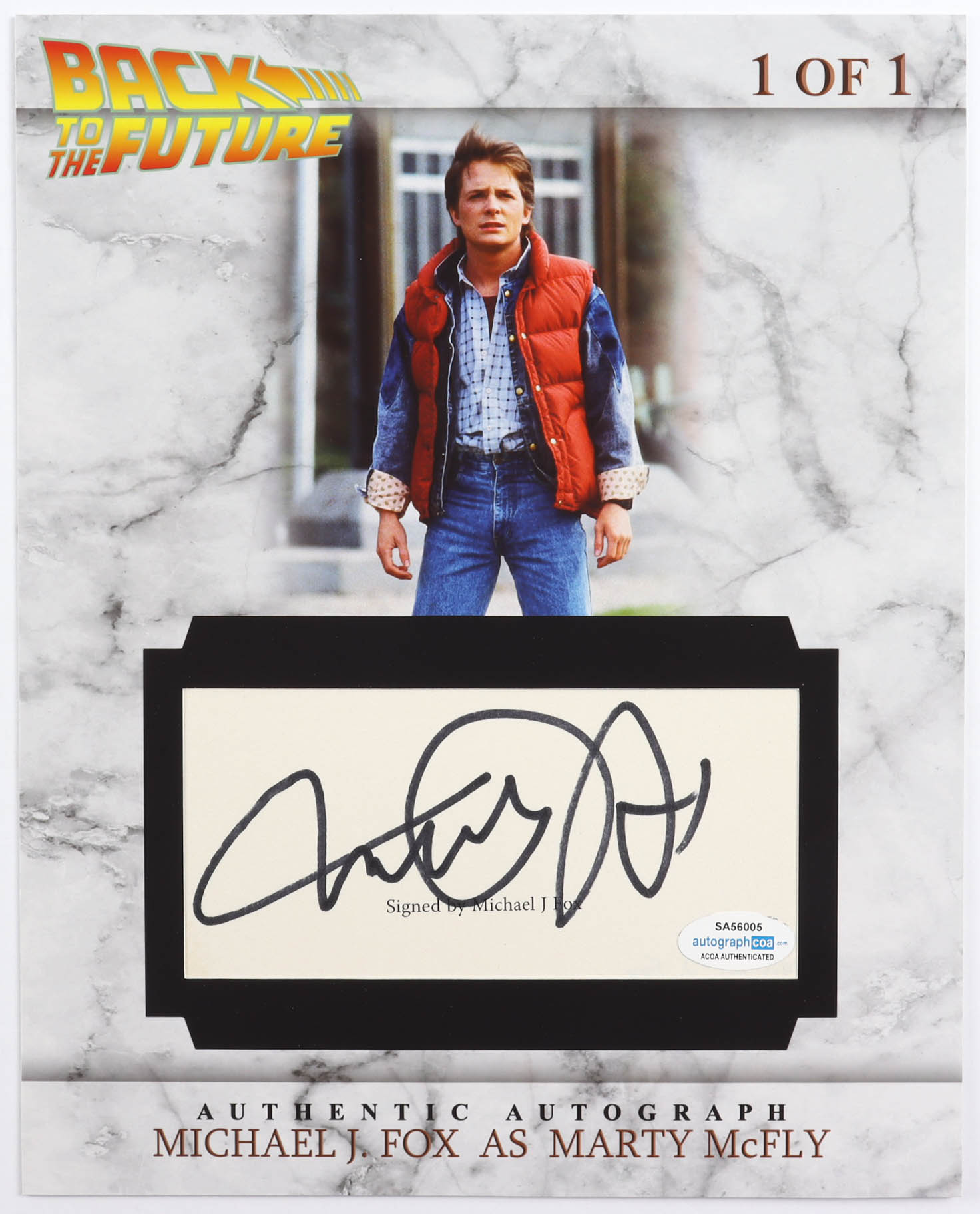 Michael J. Fox Signed "Back to the Future" 2.5x5.5 Cut Display (ACOA Hologram) at PristineAuction.com Michael J. Fox Signed "Back to the Future" 2.5x5.5 Cut Display (ACOA Hologram) at PristineAuction.com