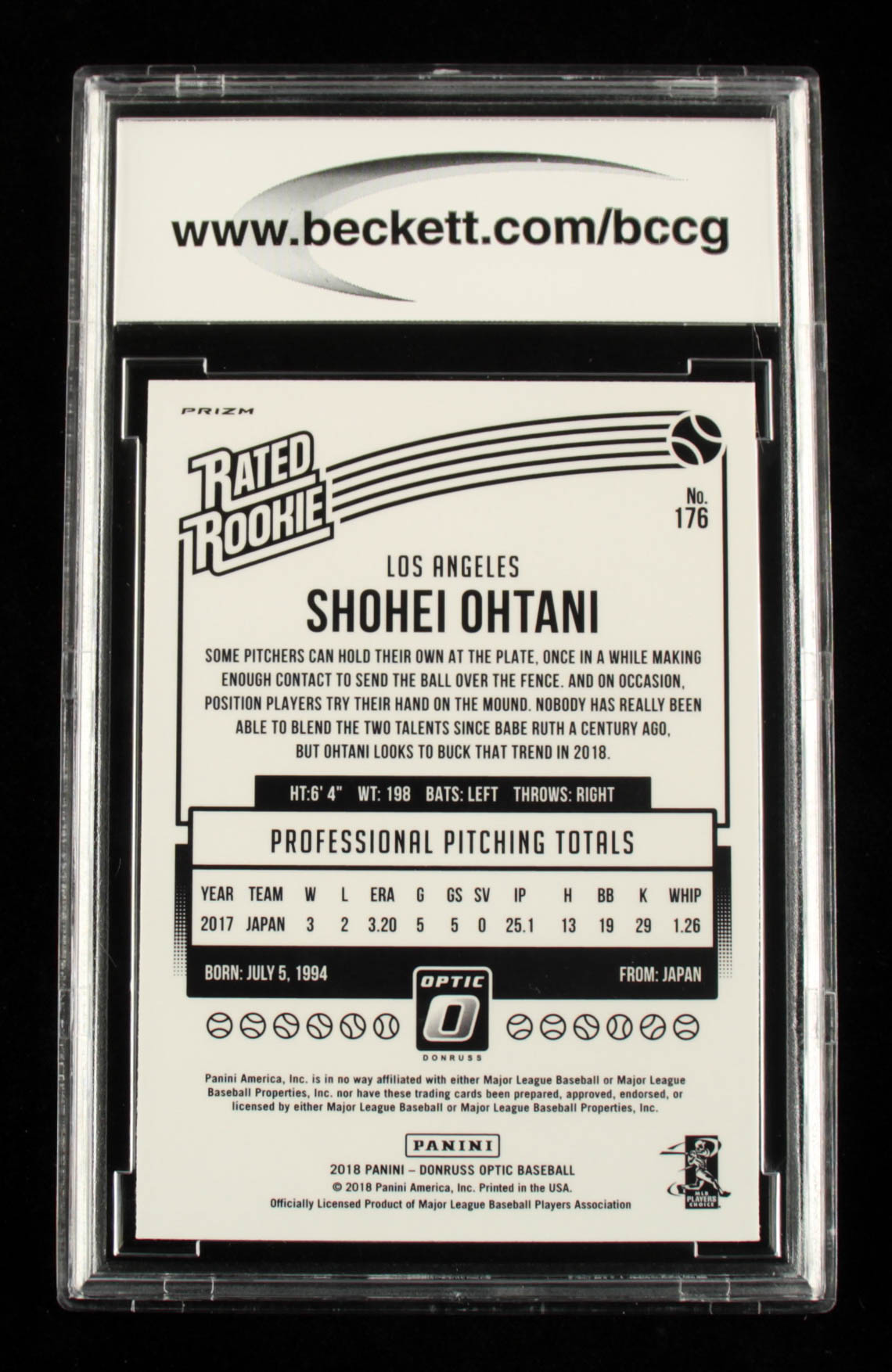 Shohei Ohtani 2018 Donruss Optic Variations Purple #176 RR (BCCG 10) at PristineAuction.com Shohei Ohtani 2018 Donruss Optic Variations Purple #176 RR (BCCG 10) at PristineAuction.com