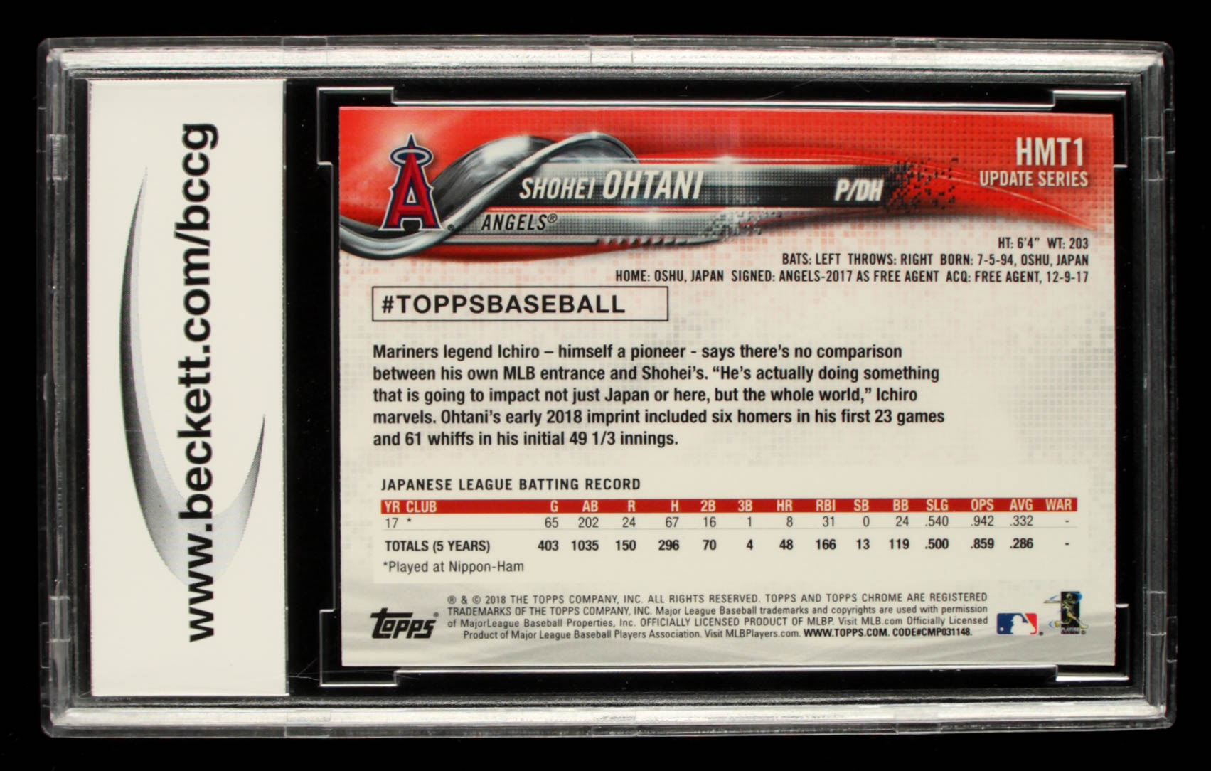 Shohei Ohtani 2018 Topps Chrome Update #HMT1 RC (BCCG 10) at PristineAuction.com Shohei Ohtani 2018 Topps Chrome Update #HMT1 RC (BCCG 10) at PristineAuction.com