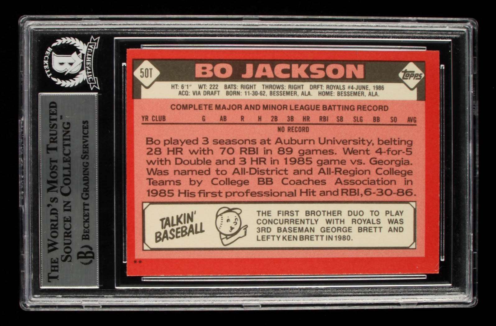 Bo Jackson Signed 1986 Topps Traded #50T XRC (BGS Encapsulated) at PristineAuction.com Bo Jackson Signed 1986 Topps Traded #50T XRC (BGS Encapsulated) at PristineAuction.com