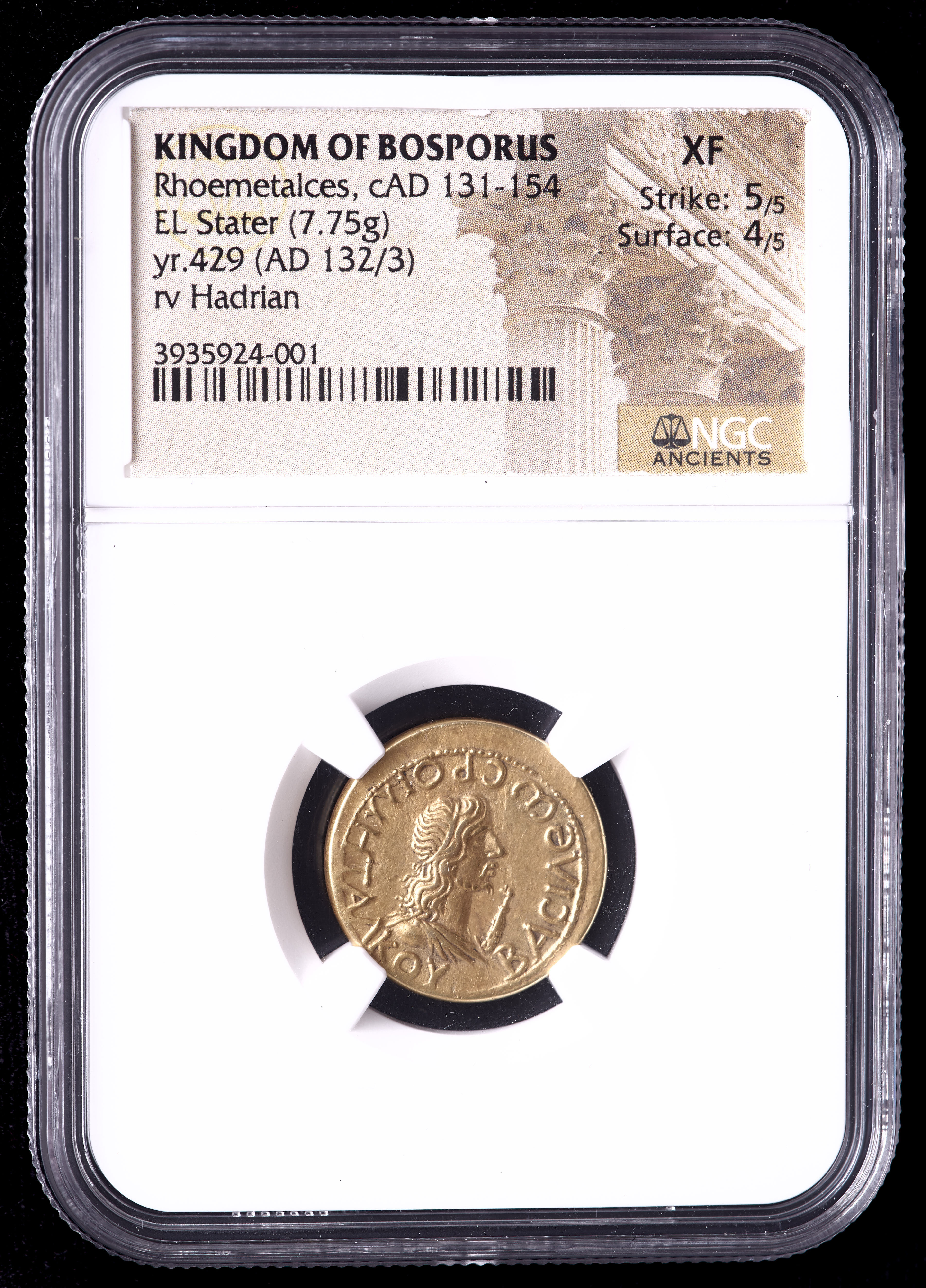 Rhoemetalces (c.A.D. 131-154) Kingdom of Bosporus, Year 429 EL Stater Ancient Gold Coin, Reverse Hadrian (NGC XF) Strike 5/5, Surface 4/5 at PristineAuction.com Rhoemetalces (c.A.D. 131-154) Kingdom of Bosporus, Year 429 EL Stater Ancient Gold Coin, Reverse Hadrian (NGC XF) Strike 5/5, Surface 4/5 at PristineAuction.com