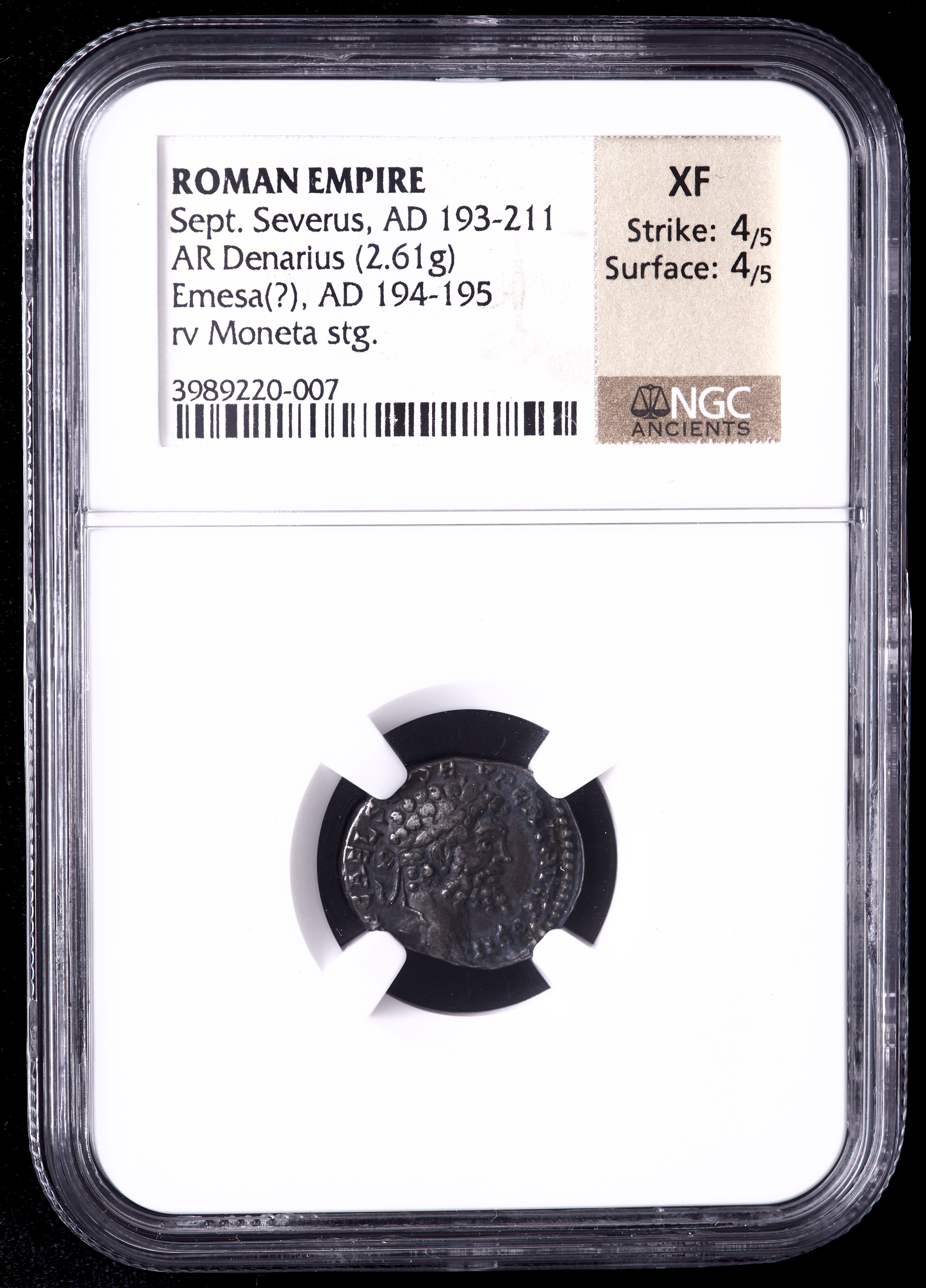 Septimius Severus (A.D. 193-211) Roman Empire AR Denarius Ancient Silver Coin (NGC XF) Strike 4/5, Surface 4/5 at PristineAuction.com Septimius Severus (A.D. 193-211) Roman Empire AR Denarius Ancient Silver Coin (NGC XF) Strike 4/5, Surface 4/5 at PristineAuction.com