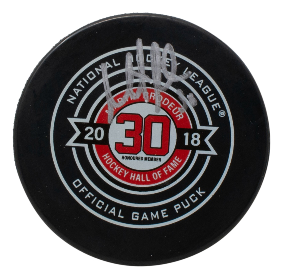 Martin Brodeur Signed 2018 Hockey Hall of Fame Logo Hockey Puck (Fanatics) at PristineAuction.com Martin Brodeur Signed 2018 Hockey Hall of Fame Logo Hockey Puck (Fanatics) at PristineAuction.com