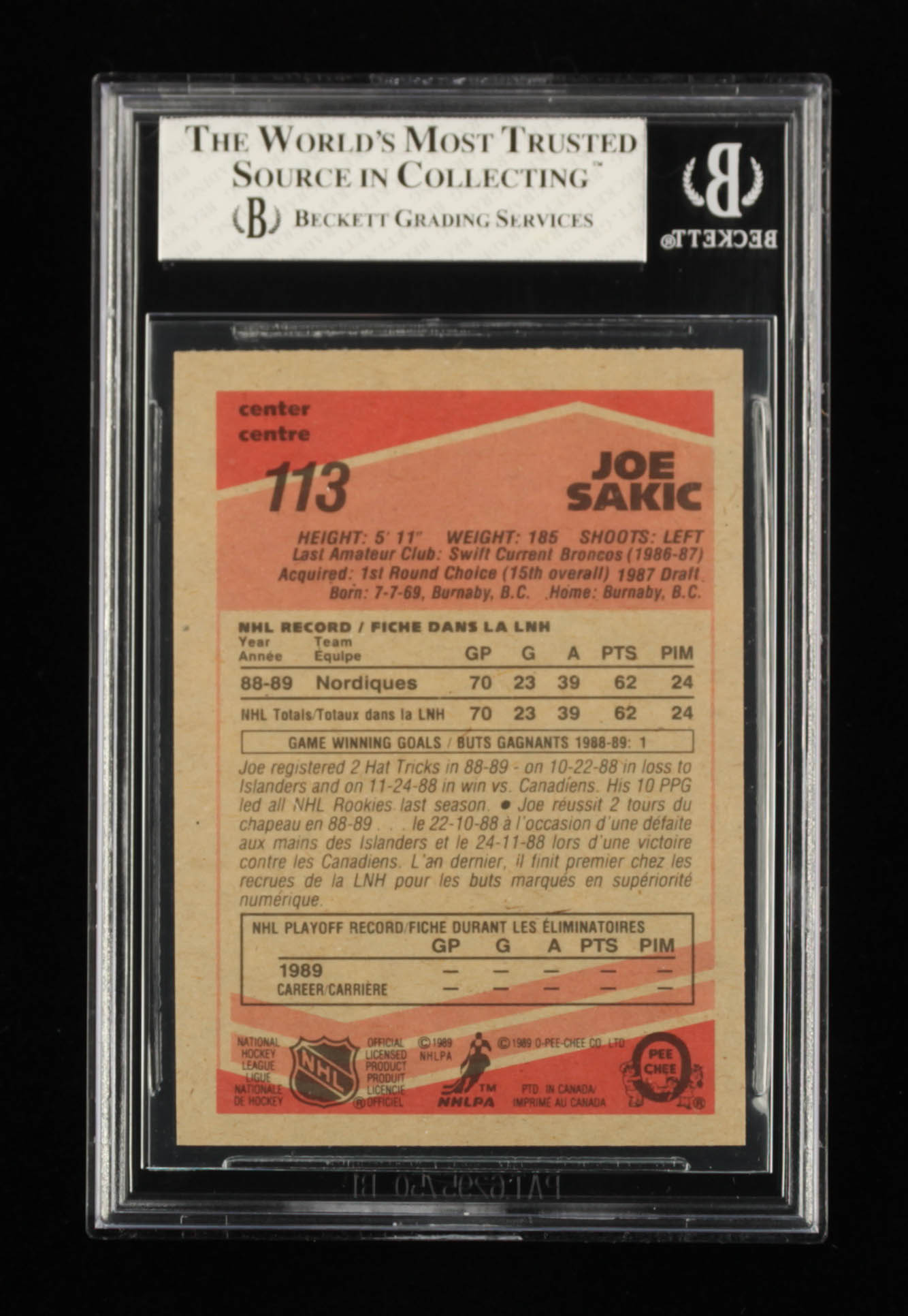Joe Sakic 1989-90 O-Pee-Chee #113 RC (BGS 7.5) at PristineAuction.com Joe Sakic 1989-90 O-Pee-Chee #113 RC (BGS 7.5) at PristineAuction.com