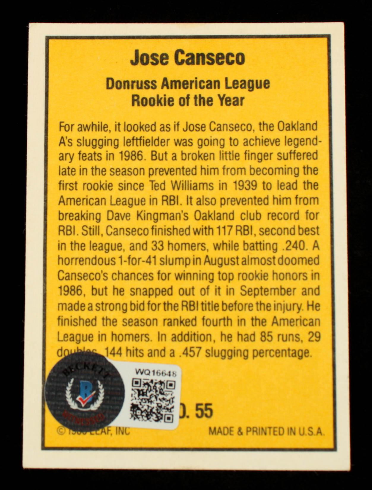 Jose Canseco Signed 1986 Donruss Highlights #55 (Beckett Hologram) at PristineAuction.com Jose Canseco Signed 1986 Donruss Highlights #55 (Beckett Hologram) at PristineAuction.com