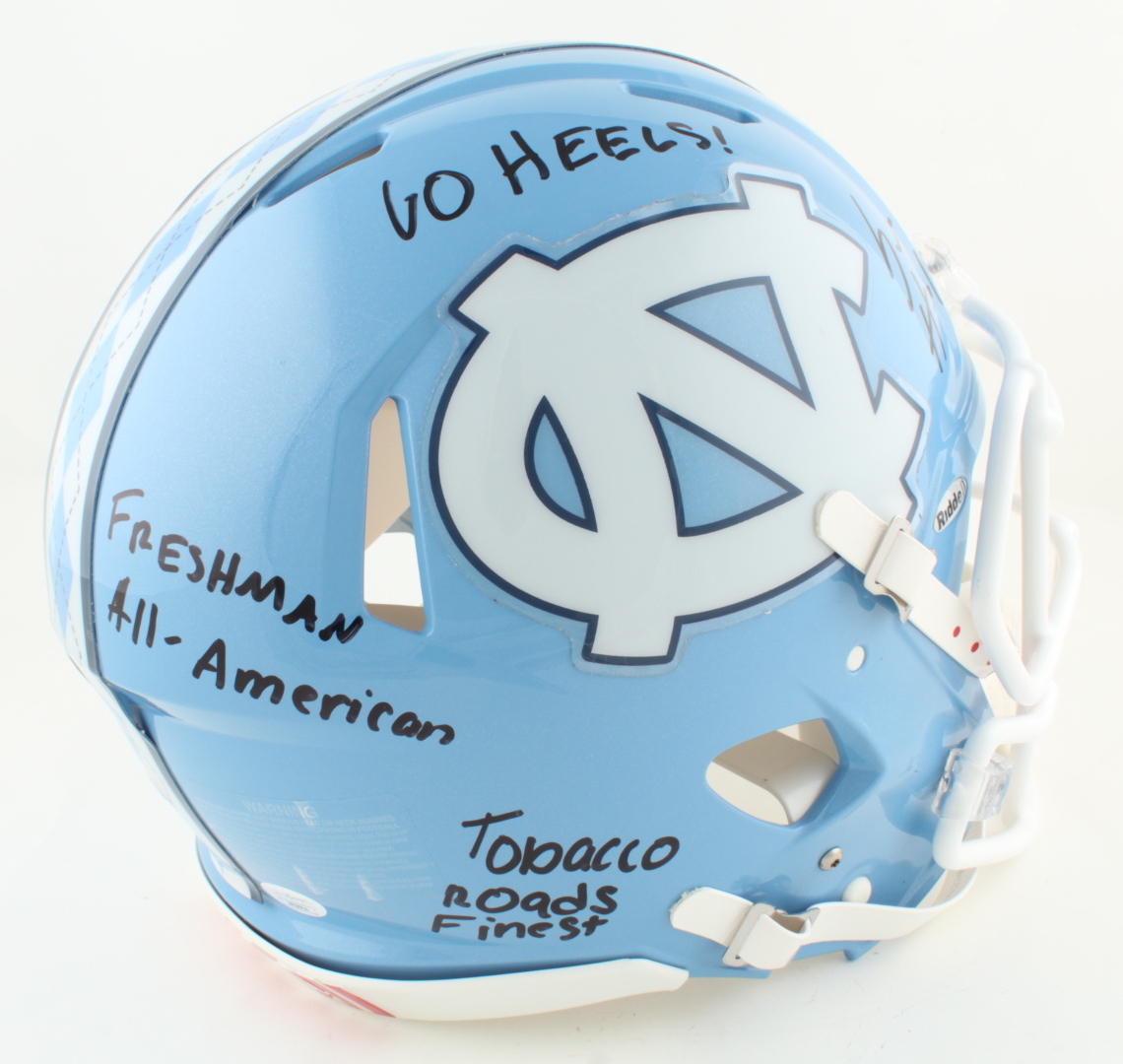 Sam Howell Signed North Carolina Tar Heels Full-Size Authentic On-Field Speed Helmet Inscribed "Freshman All American", "GO HEELS!" & Tobacco Roads Finest" (JSA) at PristineAuction.com Sam Howell Signed North Carolina Tar Heels Full-Size Authentic On-Field Speed Helmet Inscribed "Freshman All American", "GO HEELS!" & Tobacco Roads Finest" (JSA) at PristineAuction.com