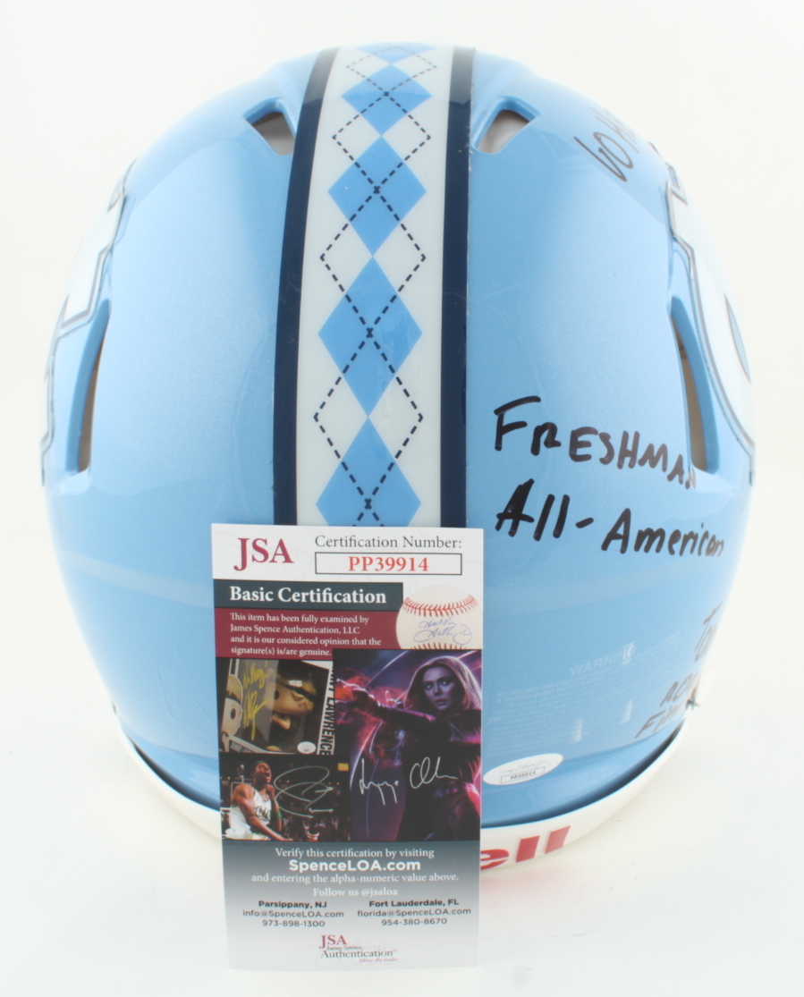 Sam Howell Signed North Carolina Tar Heels Full-Size Authentic On-Field Speed Helmet Inscribed "Freshman All American", "GO HEELS!" & Tobacco Roads Finest" (JSA) at PristineAuction.com Sam Howell Signed North Carolina Tar Heels Full-Size Authentic On-Field Speed Helmet Inscribed "Freshman All American", "GO HEELS!" & Tobacco Roads Finest" (JSA) at PristineAuction.com