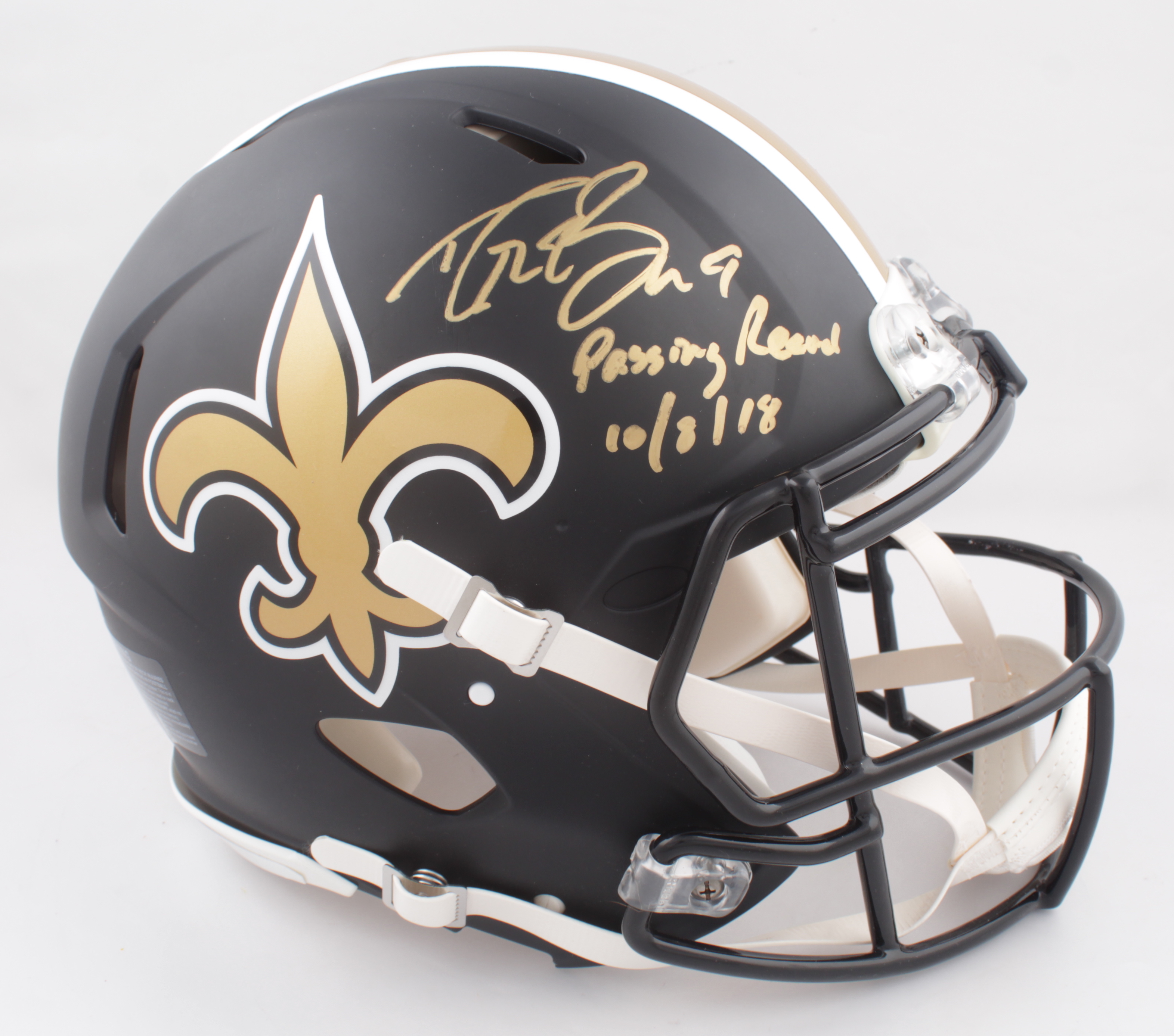 Drew Brees Signed Saints Full-Size Authentic On-field Eclipse Alternate Speed Helmet Inscribed "Passing Record 10/8/18" (Beckett COA) at PristineAuction.com Drew Brees Signed Saints Full-Size Authentic On-field Eclipse Alternate Speed Helmet Inscribed "Passing Record 10/8/18" (Beckett COA) at PristineAuction.com