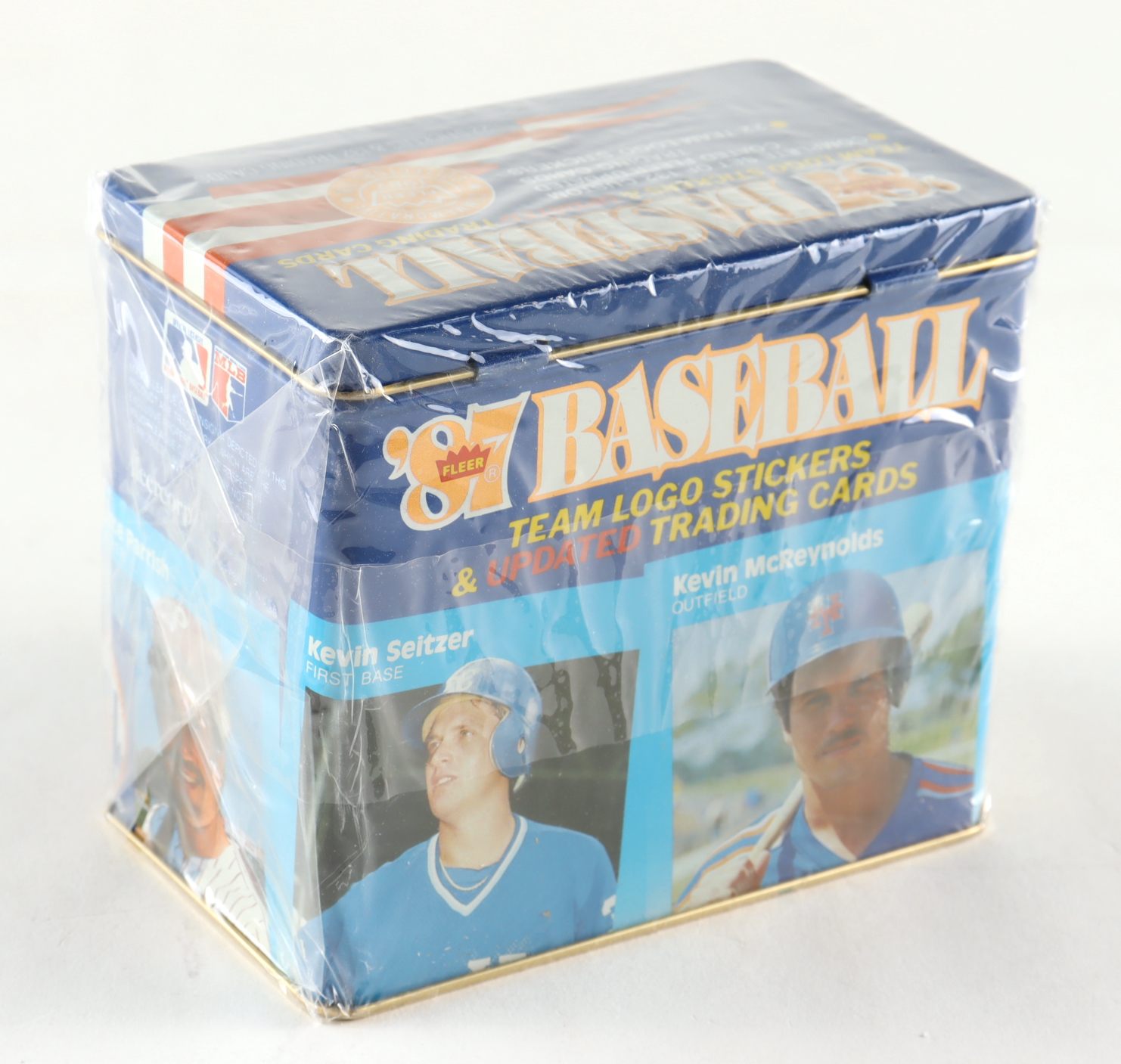 1987 Fleer Baseball Team Logo Stickers & (132) Updated Trading Cards Tin Box at PristineAuction.com 1987 Fleer Baseball Team Logo Stickers & (132) Updated Trading Cards Tin Box at PristineAuction.com