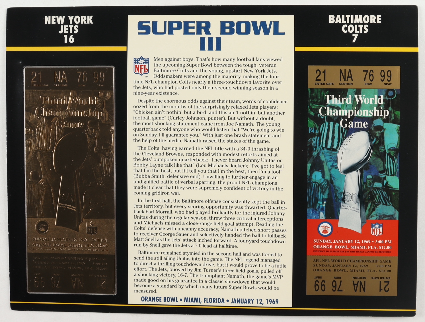 1969 Commemorative Super Bowl III Card with Ticket: Jets vs Colts at PristineAuction.com 1969 Commemorative Super Bowl III Card with Ticket: Jets vs Colts at PristineAuction.com