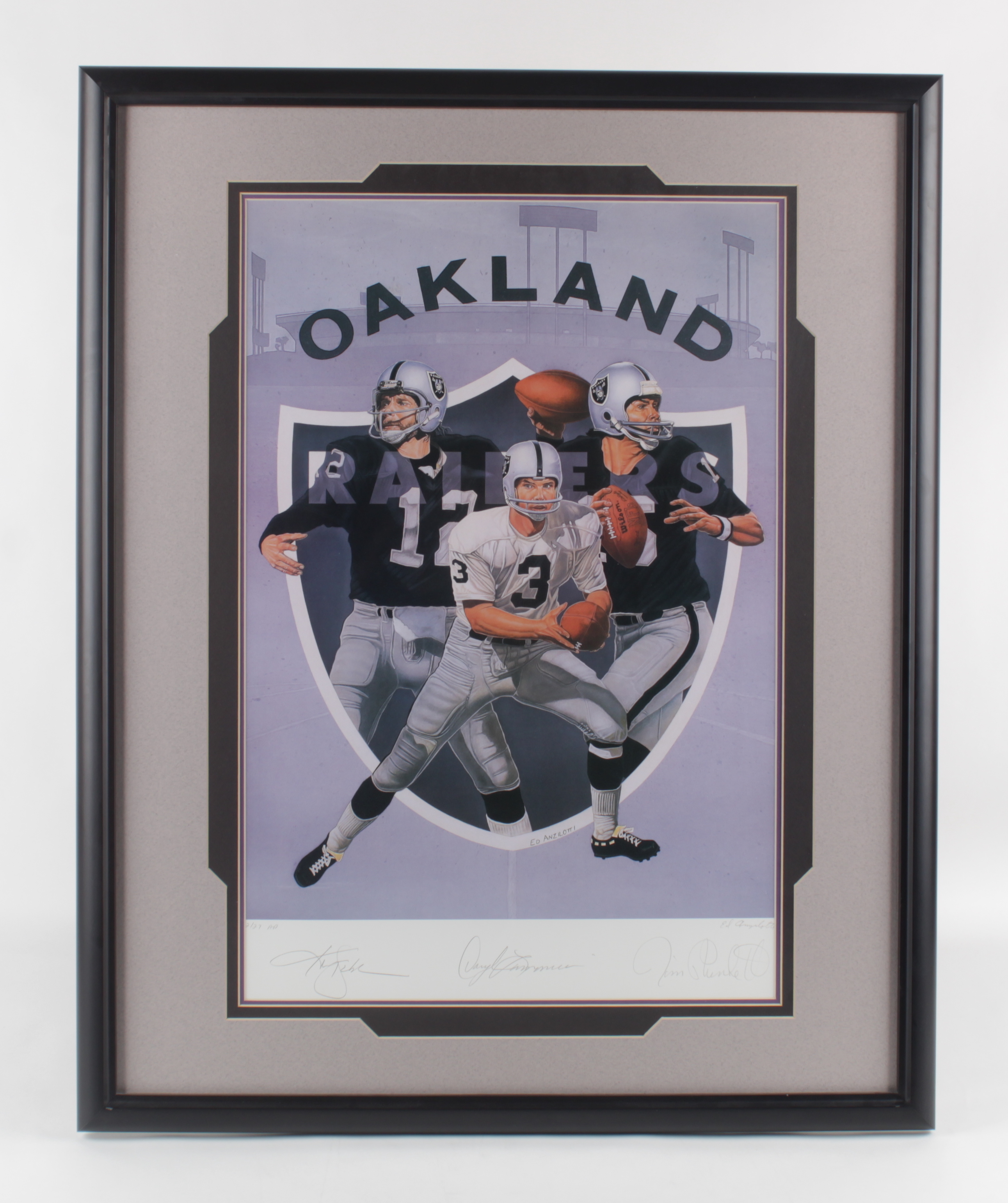 Ken Stabler, Jim Plunkett & Daryle Lamonica Signed Raiders LE 26x32 Custom Framed Matted Lithograph Display (JSA COA) at PristineAuction.com Ken Stabler, Jim Plunkett & Daryle Lamonica Signed Raiders LE 26x32 Custom Framed Matted Lithograph Display (JSA COA) at PristineAuction.com