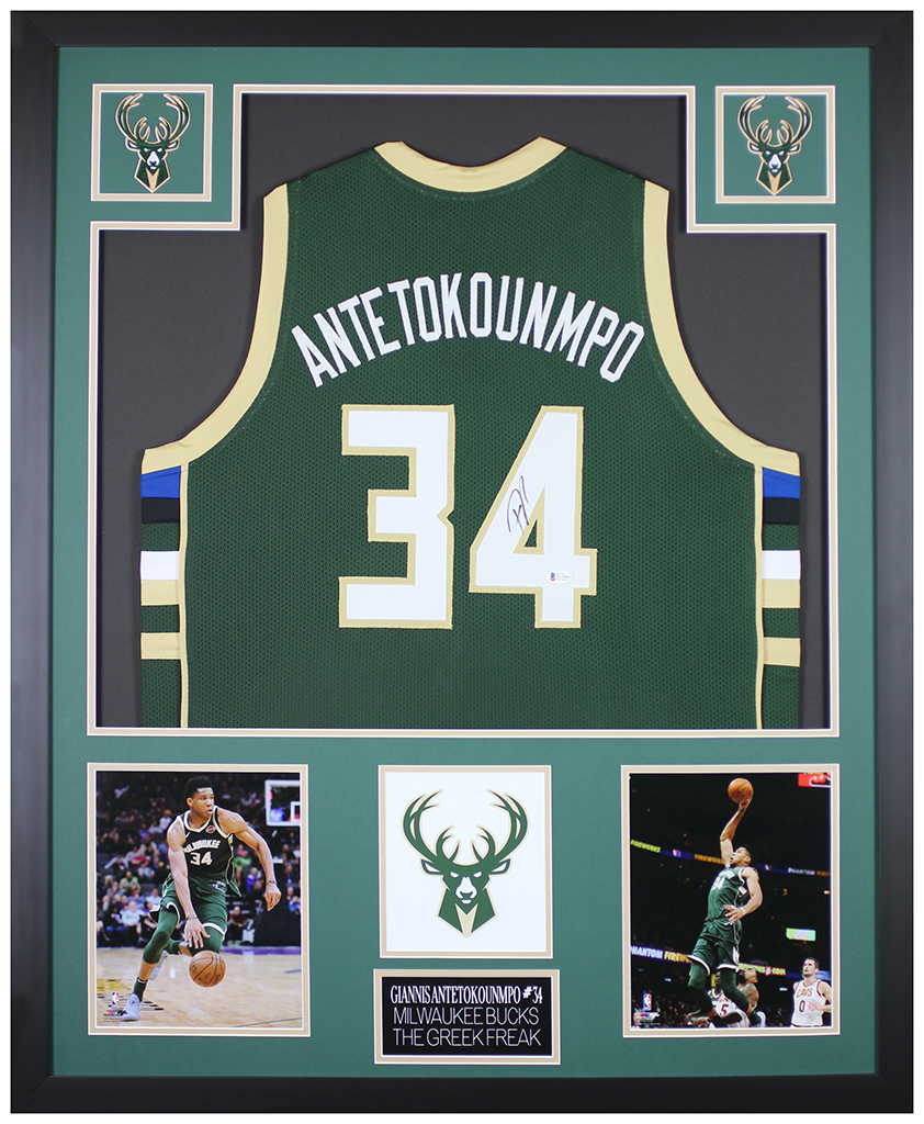 Giannis Antetokounmpo Signed 35x43 Custom Framed Jersey Display (Beckett COA) at PristineAuction.com Giannis Antetokounmpo Signed 35x43 Custom Framed Jersey Display (Beckett COA) at PristineAuction.com