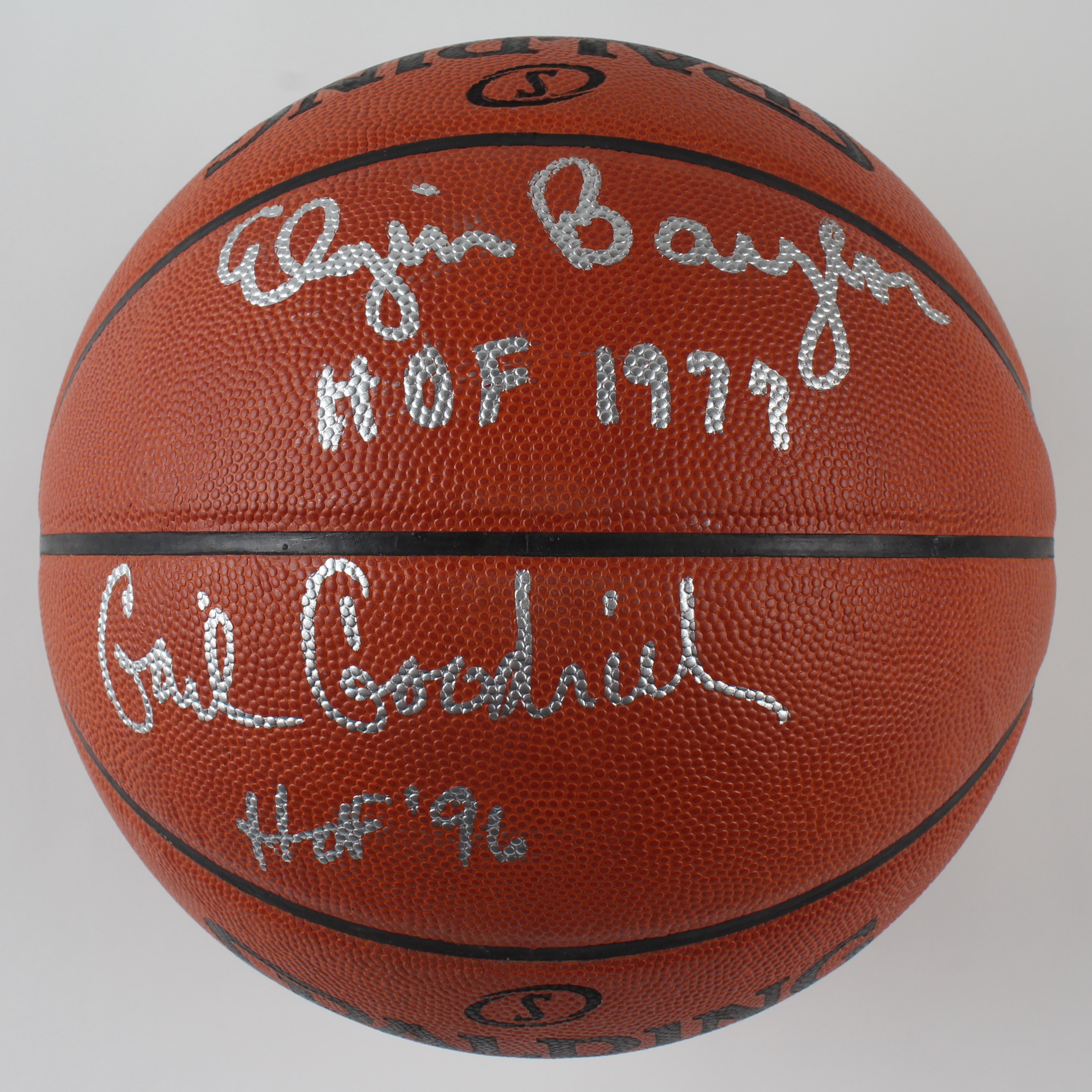 Jerry West, Gail Goodrich & Elgin Baylor Signed NBA Basketball Inscribed "HOF 1977" & "HOF '96" (JSA & Hall of Fame Sports) at PristineAuction.com Jerry West, Gail Goodrich & Elgin Baylor Signed NBA Basketball Inscribed "HOF 1977" & "HOF '96" (JSA & Hall of Fame Sports) at PristineAuction.com