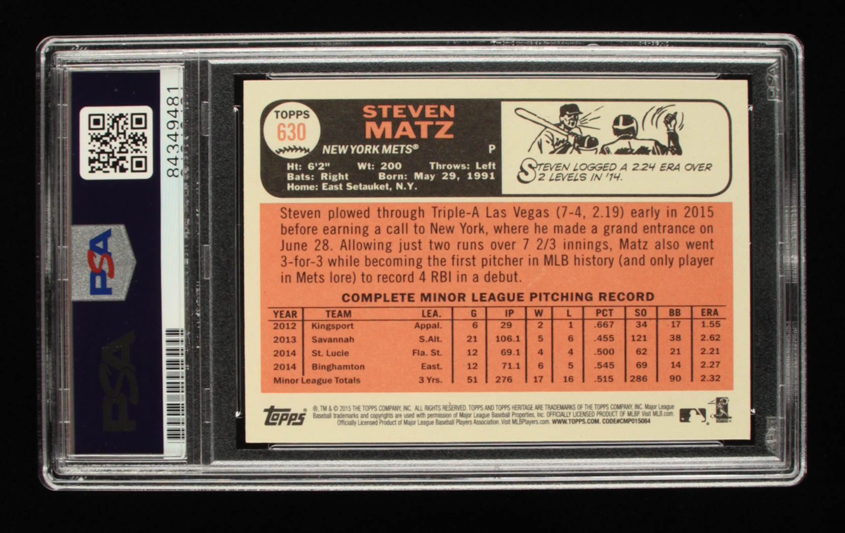 Steven Matz Signed 2015 Topps Heritage #630 RC (PSA Encapsulated) at PristineAuction.com Steven Matz Signed 2015 Topps Heritage #630 RC (PSA Encapsulated) at PristineAuction.com