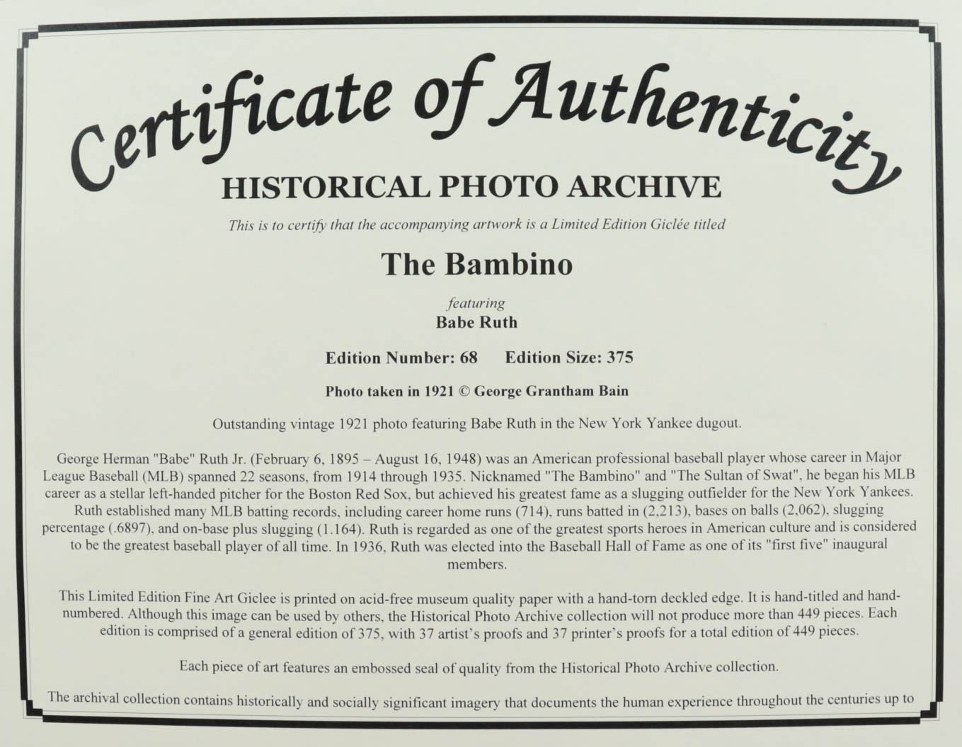 Historical Photo Archive - Babe Ruth "The Bambino" Limited Edition 16x22 Fine Art Giclee on Paper #/375 at PristineAuction.com Historical Photo Archive - Babe Ruth "The Bambino" Limited Edition 16x22 Fine Art Giclee on Paper #/375 at PristineAuction.com