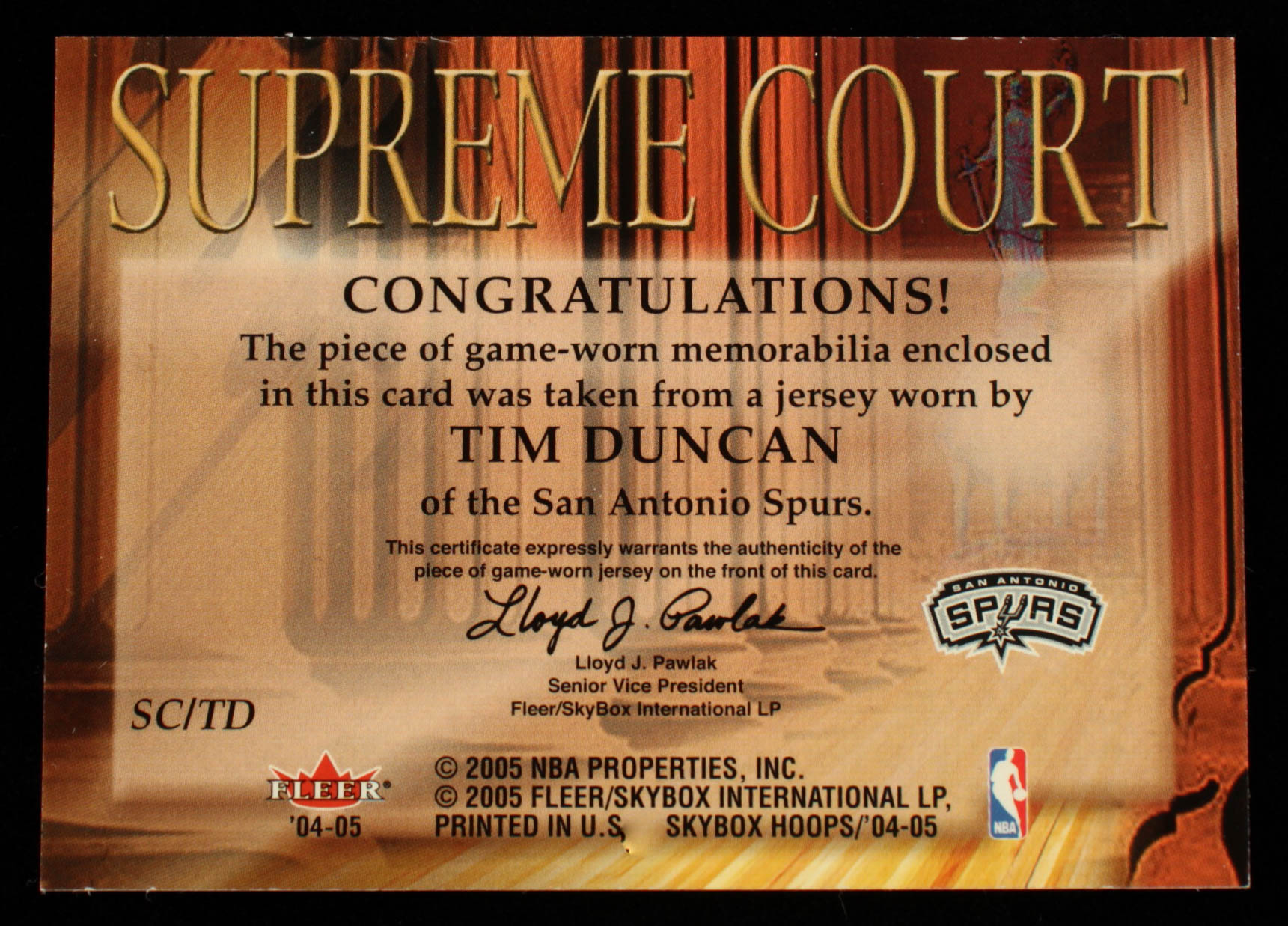 Tim Duncan 2004-05 Hoops Supreme Court Jerseys #TD at PristineAuction.com Tim Duncan 2004-05 Hoops Supreme Court Jerseys #TD at PristineAuction.com