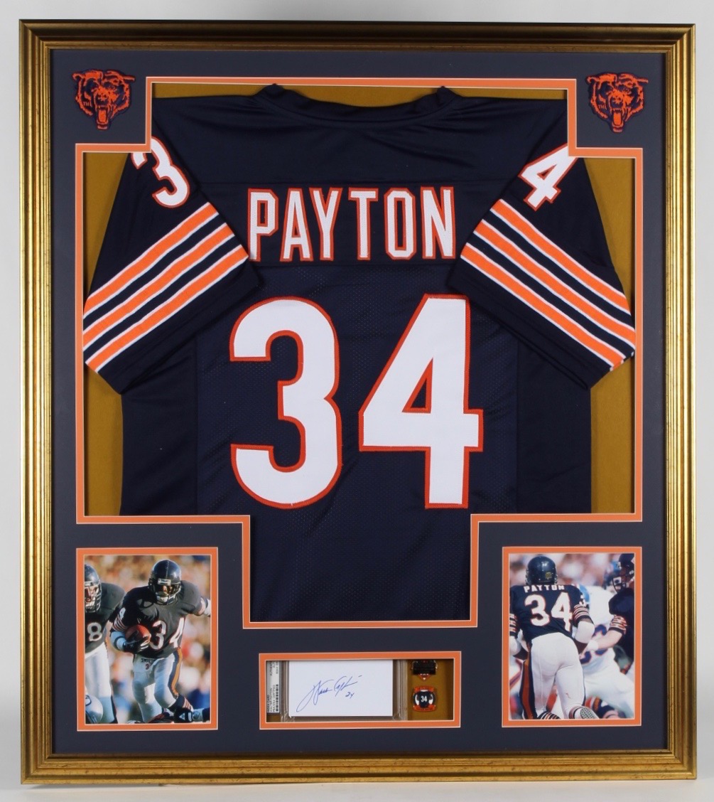 Walter Payton Signed 32x37 Custom Framed Cut Display with Hall of Fame Pin & Jersey (PSA Encapsulated) at PristineAuction.com Walter Payton Signed 32x37 Custom Framed Cut Display with Hall of Fame Pin & Jersey (PSA Encapsulated) at PristineAuction.com