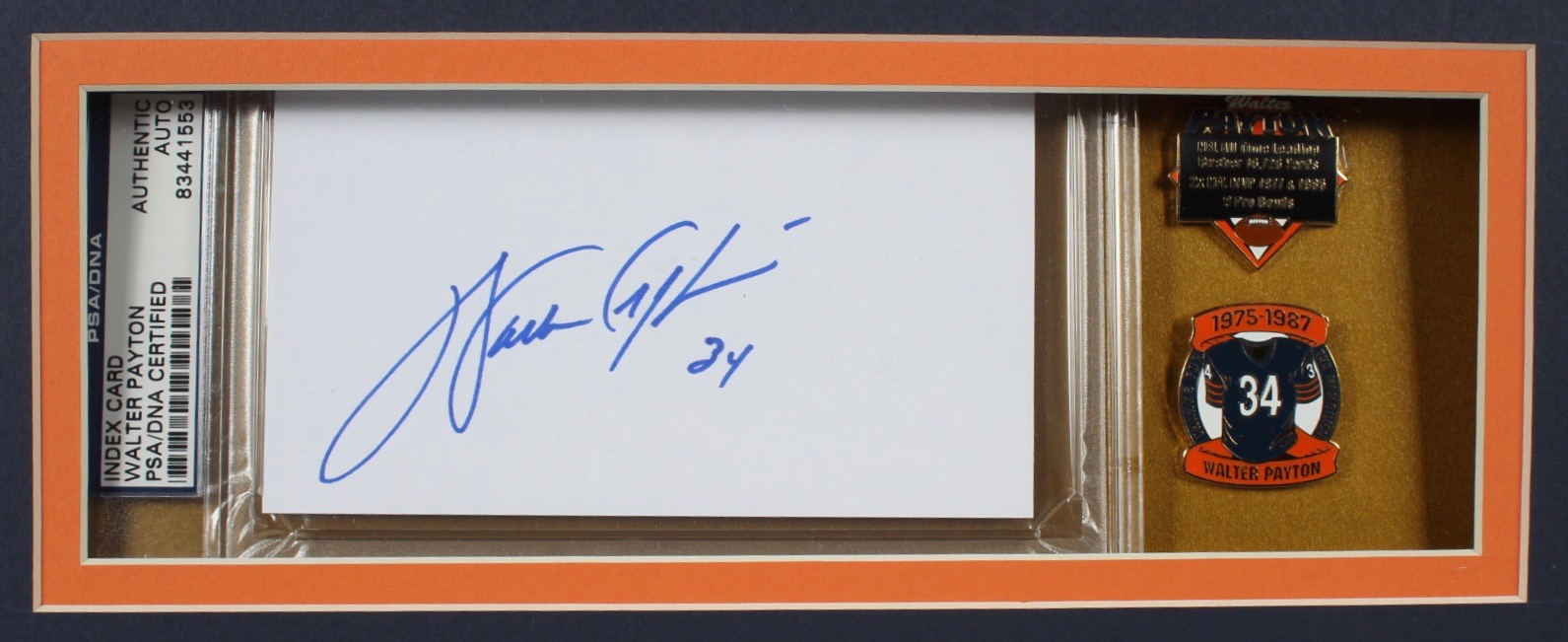 Walter Payton Signed 32x37 Custom Framed Cut Display with Hall of Fame Pin & Jersey (PSA Encapsulated) at PristineAuction.com Walter Payton Signed 32x37 Custom Framed Cut Display with Hall of Fame Pin & Jersey (PSA Encapsulated) at PristineAuction.com