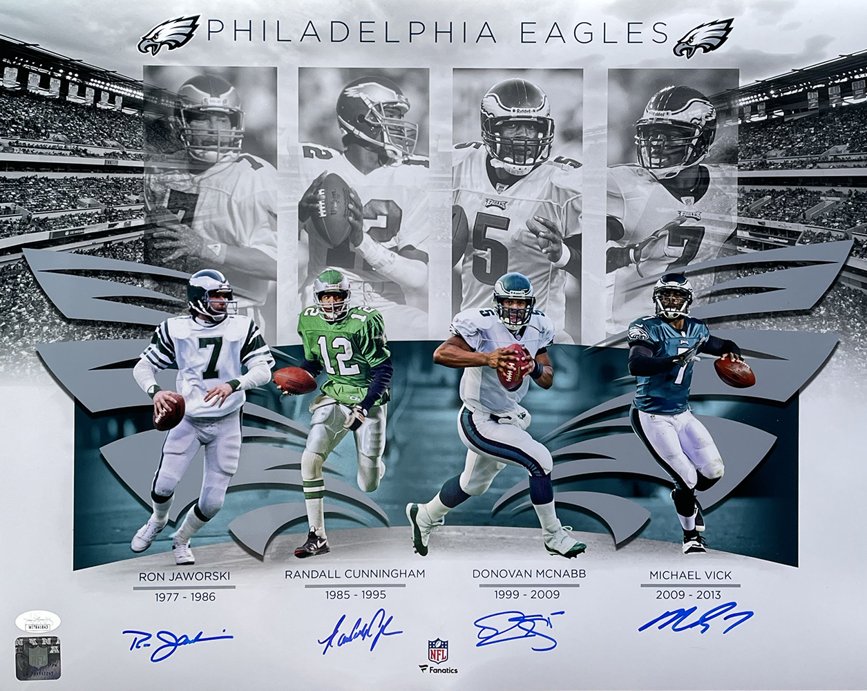 Eagles "QB Legends" 16x20 Photo Signed by (4) with Michael Vick, Donovan McNabb, Randall Cunningham & Ron Jaworski (JSA) at PristineAuction.com Eagles "QB Legends" 16x20 Photo Signed by (4) with Michael Vick, Donovan McNabb, Randall Cunningham & Ron Jaworski (JSA) at PristineAuction.com