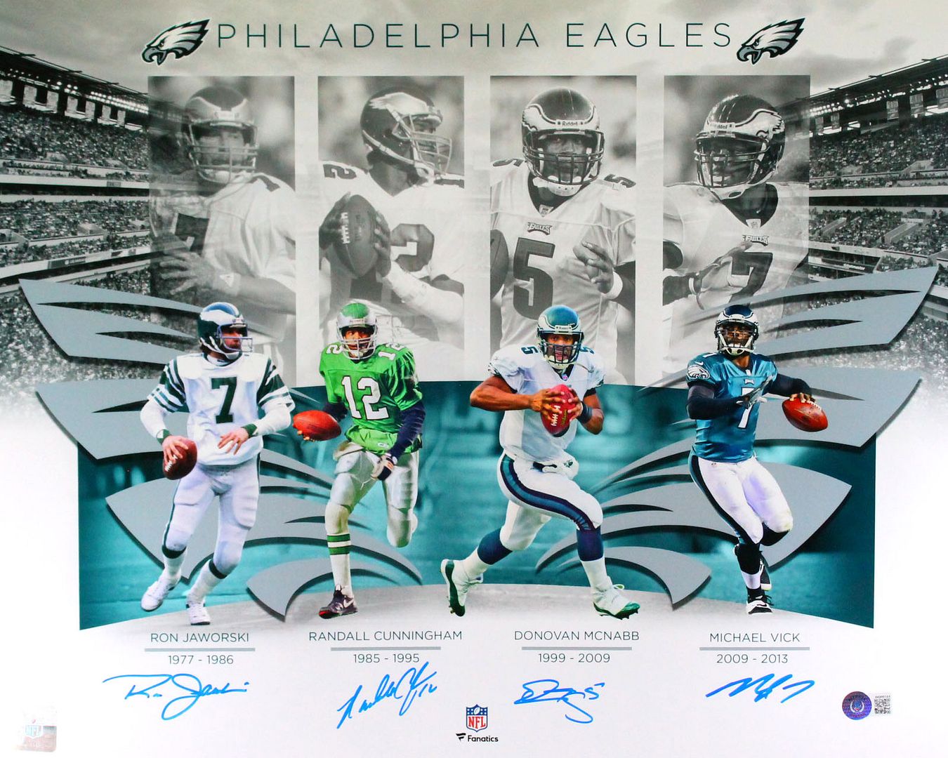Eagles QB Legends 16x20 Photo Signed by (4) with Michael Vick, Donovan McNabb, Randall Cunningham, & Ron Jaworski (Beckett) at PristineAuction.com Eagles QB Legends 16x20 Photo Signed by (4) with Michael Vick, Donovan McNabb, Randall Cunningham, & Ron Jaworski (Beckett) at PristineAuction.com
