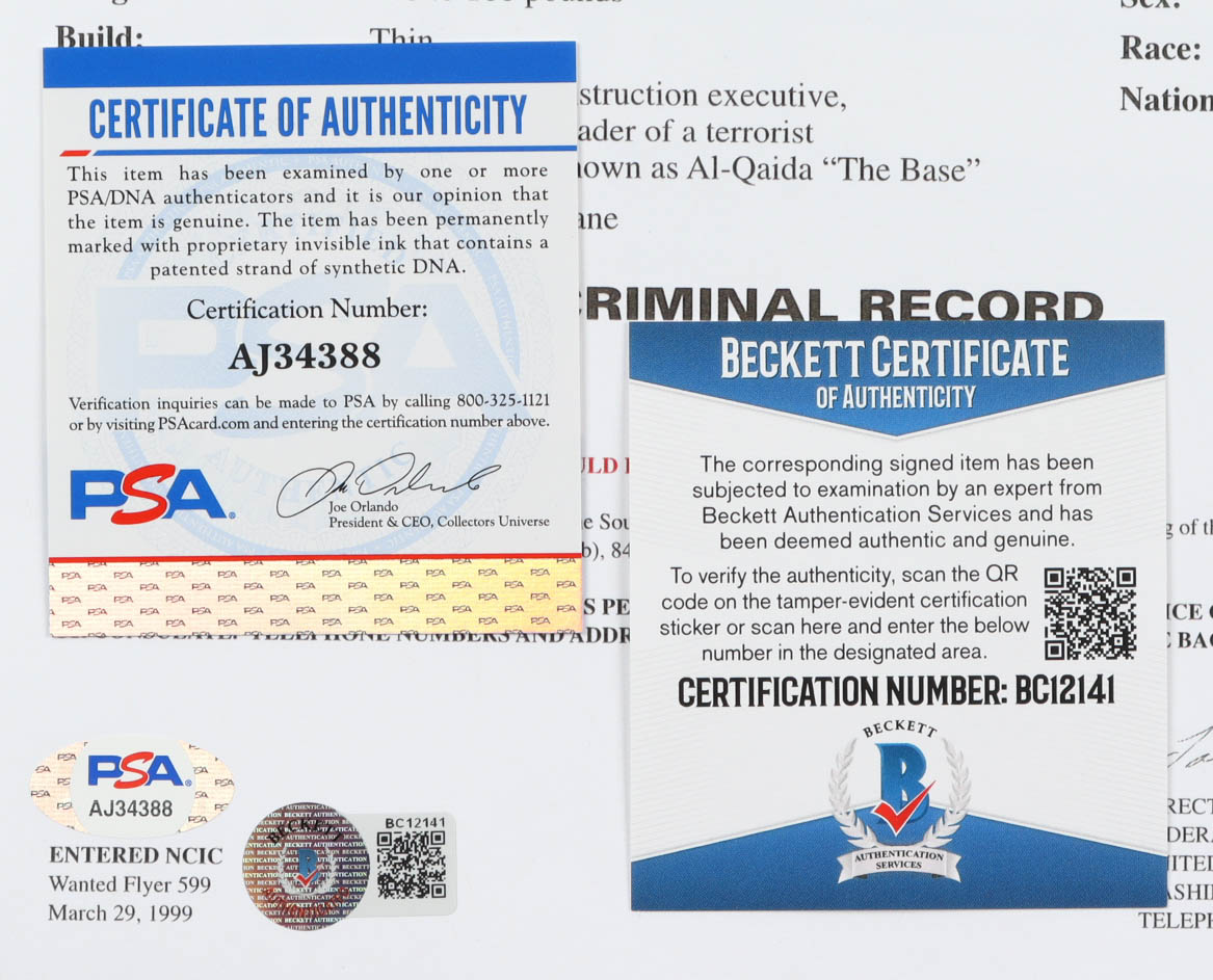Robert O’Neill Signed Osama Bin Laden FBI Wanted 8.5x13 Document Print Inscribed “5/2/11” (Beckett COA & PSA COA) at PristineAuction.com Robert O’Neill Signed Osama Bin Laden FBI Wanted 8.5x13 Document Print Inscribed “5/2/11” (Beckett COA & PSA COA) at PristineAuction.com