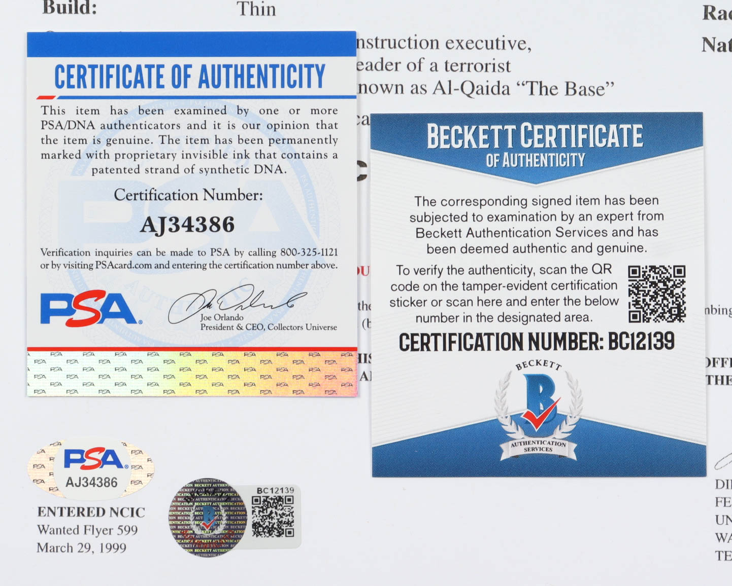 Robert O’Neill Signed Osama Bin Laden FBI Wanted 8.5x13 Document Print Inscribed “5/2/11” (Beckett COA & PSA COA) at PristineAuction.com Robert O’Neill Signed Osama Bin Laden FBI Wanted 8.5x13 Document Print Inscribed “5/2/11” (Beckett COA & PSA COA) at PristineAuction.com