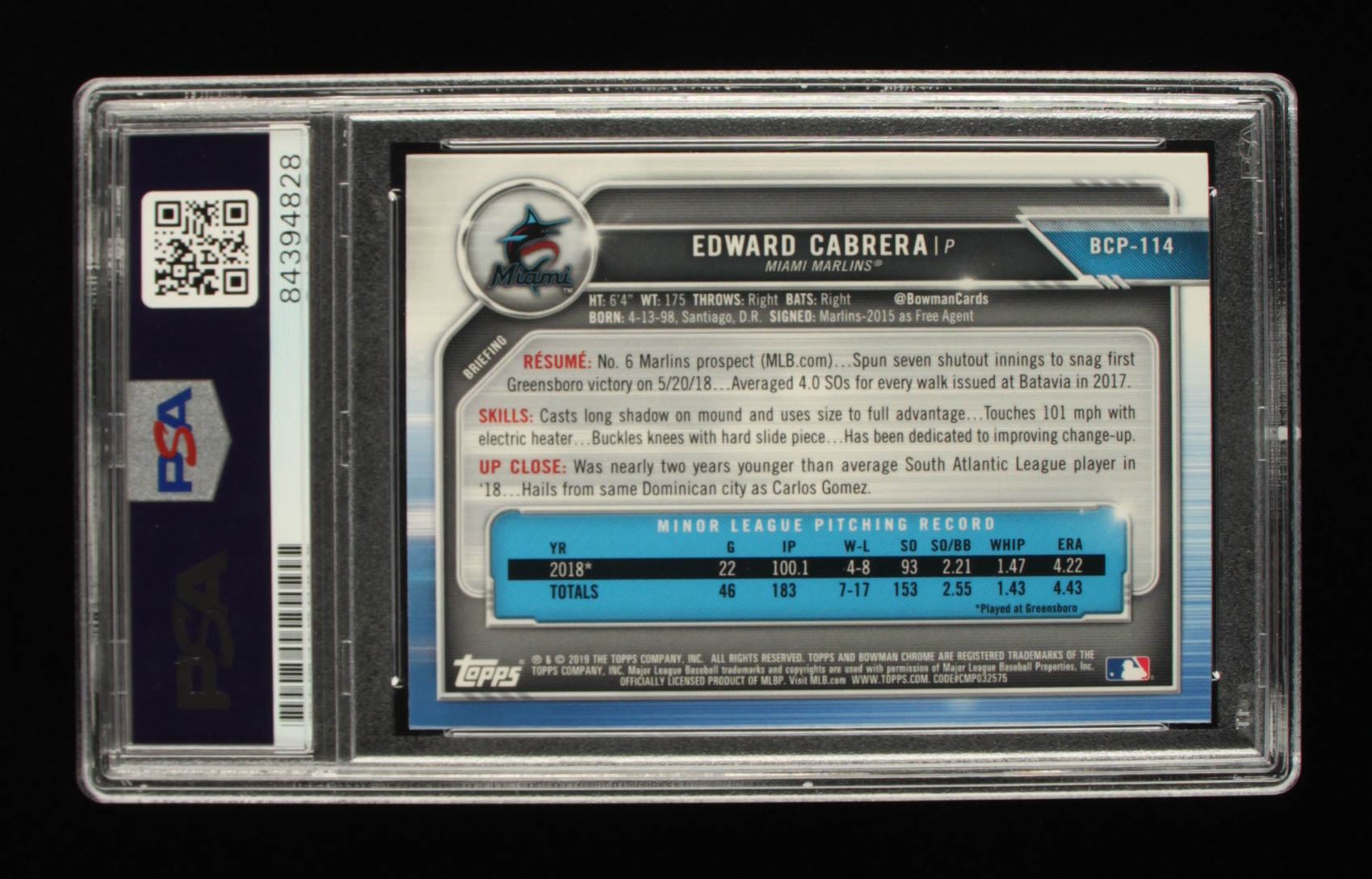 Edward Cabrera Signed 2019 Bowman Chrome Prospects #BCP114 (PSA Encapsulated) at PristineAuction.com Edward Cabrera Signed 2019 Bowman Chrome Prospects #BCP114 (PSA Encapsulated) at PristineAuction.com