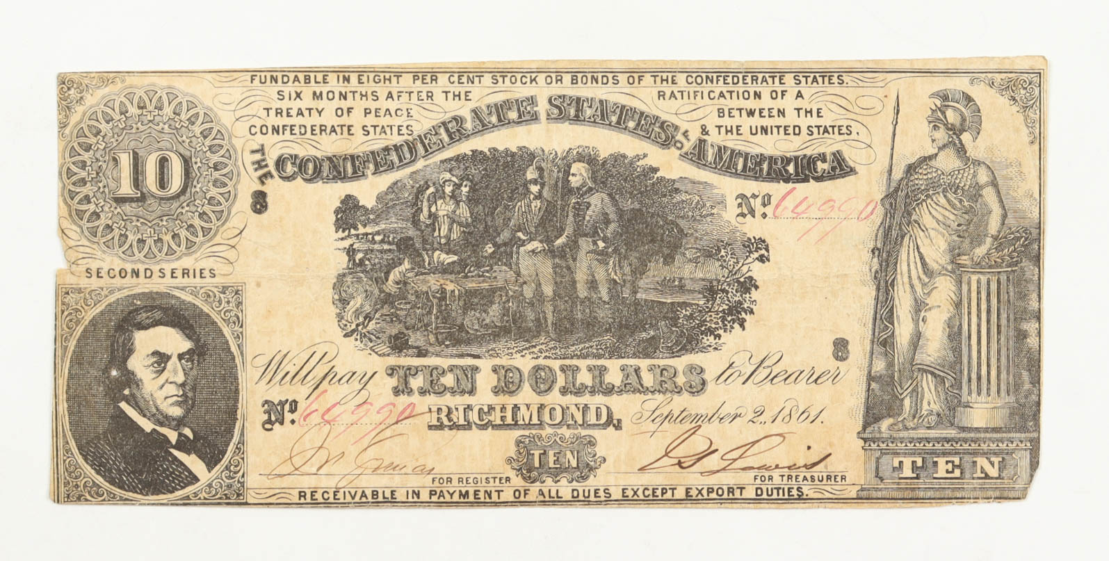 1861 $10 Ten Dollar Confederate States of America Bank Note at PristineAuction.com 1861 $10 Ten Dollar Confederate States of America Bank Note at PristineAuction.com