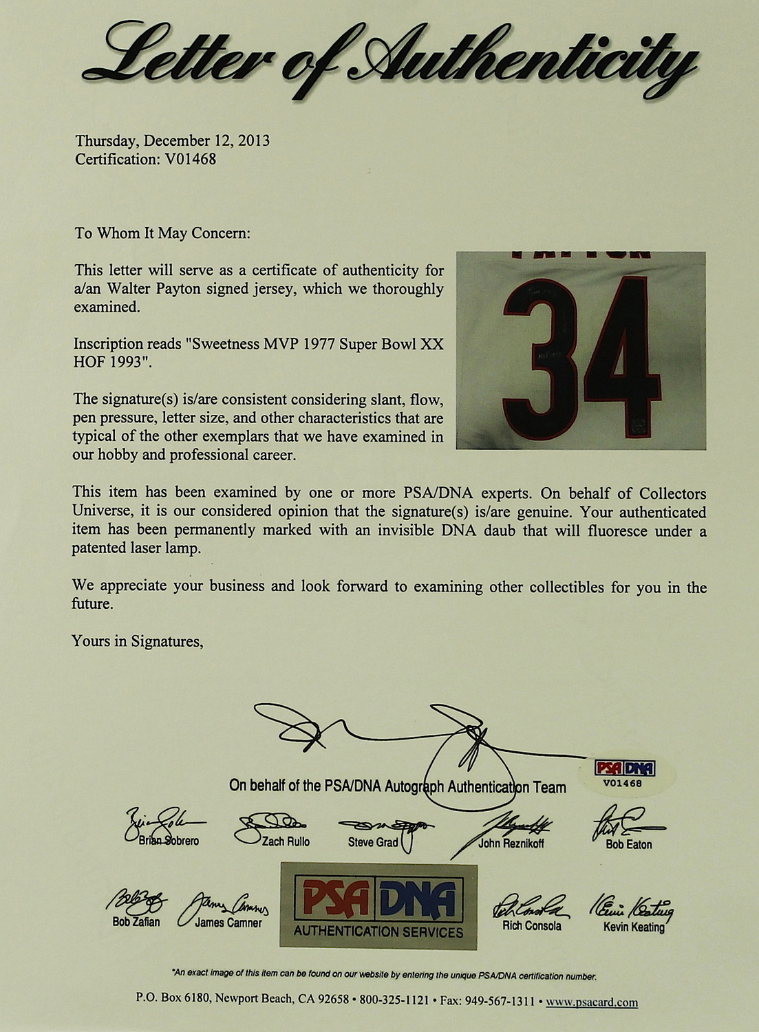 Walter Payton Signed Bears Jersey with (5) Career Stat Inscriptions (Payton Hologram & PSA LOA) at PristineAuction.com Walter Payton Signed Bears Jersey with (5) Career Stat Inscriptions (Payton Hologram & PSA LOA) at PristineAuction.com