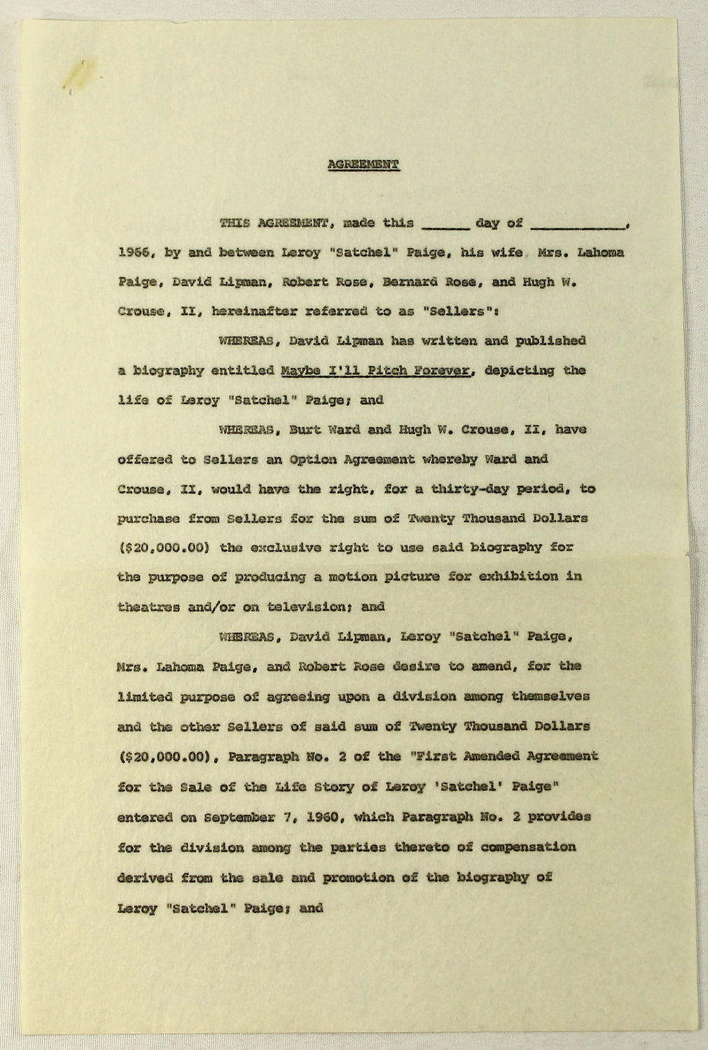 Satchel Paige Signed Original 1970 Vintage Contract for the Movie Rights to His Autobiography "Maybe I'll Pitch Forever" (PSA ALOA) at PristineAuction.com Satchel Paige Signed Original 1970 Vintage Contract for the Movie Rights to His Autobiography "Maybe I'll Pitch Forever" (PSA ALOA) at PristineAuction.com