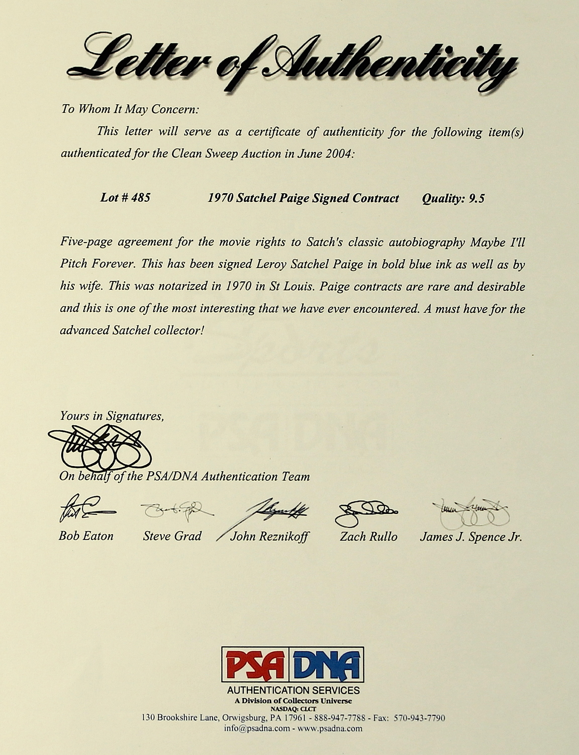 Satchel Paige Signed Original 1970 Vintage Contract for the Movie Rights to His Autobiography "Maybe I'll Pitch Forever" (PSA ALOA) at PristineAuction.com Satchel Paige Signed Original 1970 Vintage Contract for the Movie Rights to His Autobiography "Maybe I'll Pitch Forever" (PSA ALOA) at PristineAuction.com