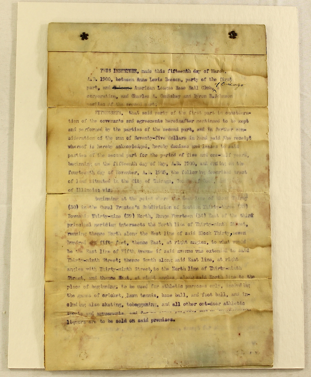 Charles Comiskey & Ban Johnson Signed Original Vintage 1900 Contract Leasing Land for First Location of Chicago White Sox (JSA) at PristineAuction.com Charles Comiskey & Ban Johnson Signed Original Vintage 1900 Contract Leasing Land for First Location of Chicago White Sox (JSA) at PristineAuction.com