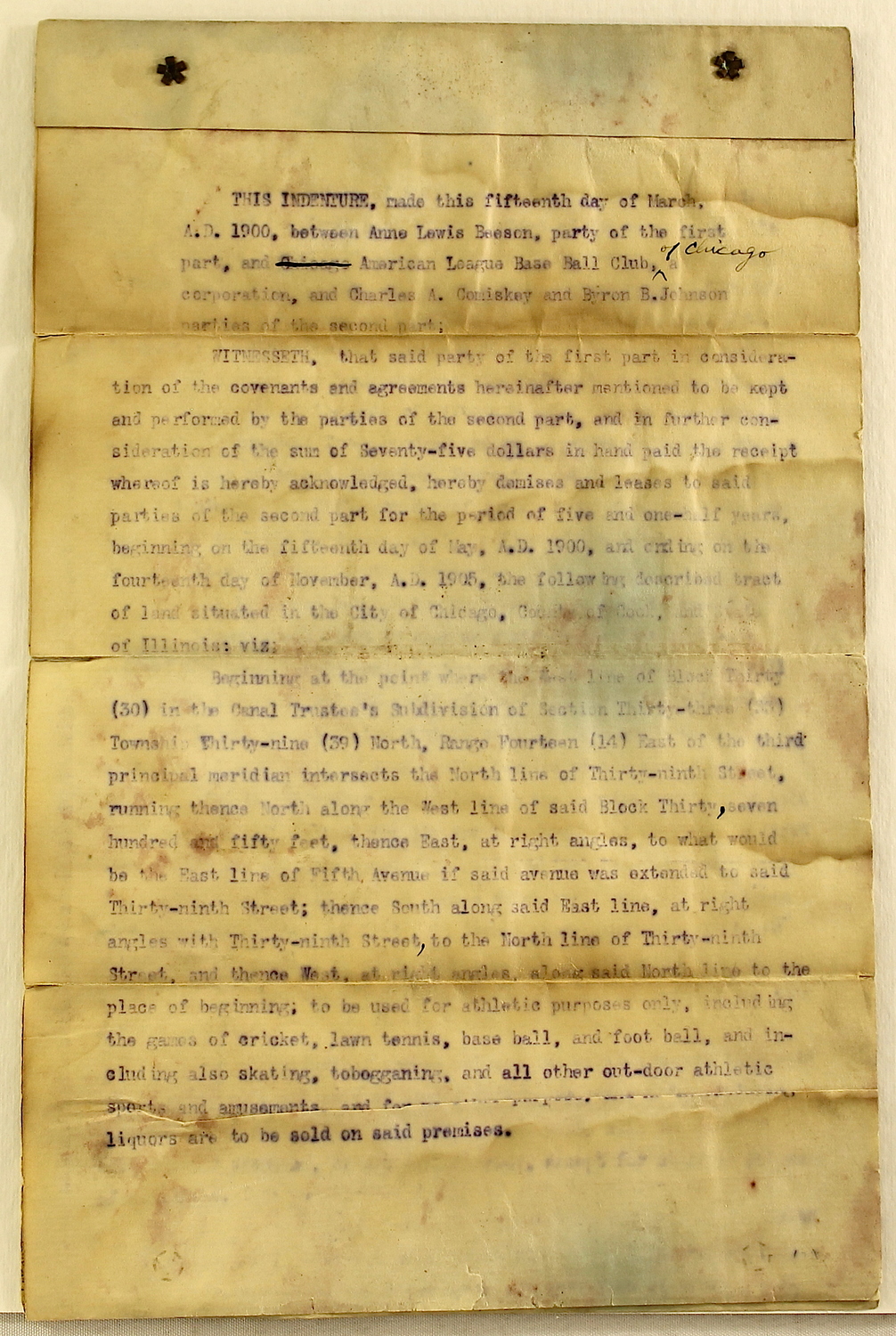 Charles Comiskey & Ban Johnson Signed Original Vintage 1900 Contract Leasing Land for First Location of Chicago White Sox (JSA) at PristineAuction.com Charles Comiskey & Ban Johnson Signed Original Vintage 1900 Contract Leasing Land for First Location of Chicago White Sox (JSA) at PristineAuction.com