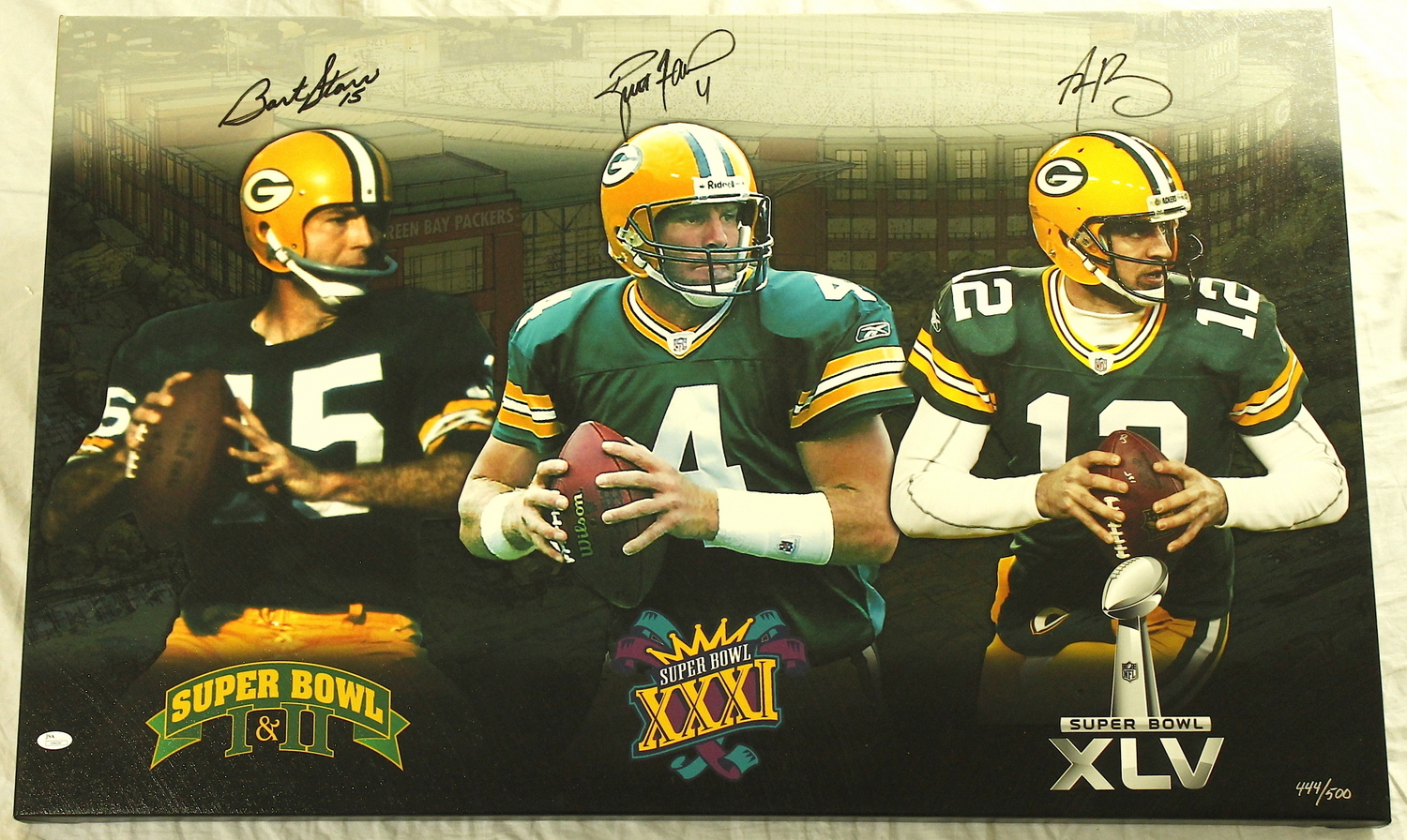 Bart Star, Brett Favre & Aaron Rodgers Signed Limited Edition 24x38 Stretched Canvas (JSA COA & Favre COA) at PristineAuction.com Bart Star, Brett Favre & Aaron Rodgers Signed Limited Edition 24x38 Stretched Canvas (JSA COA & Favre COA) at PristineAuction.com