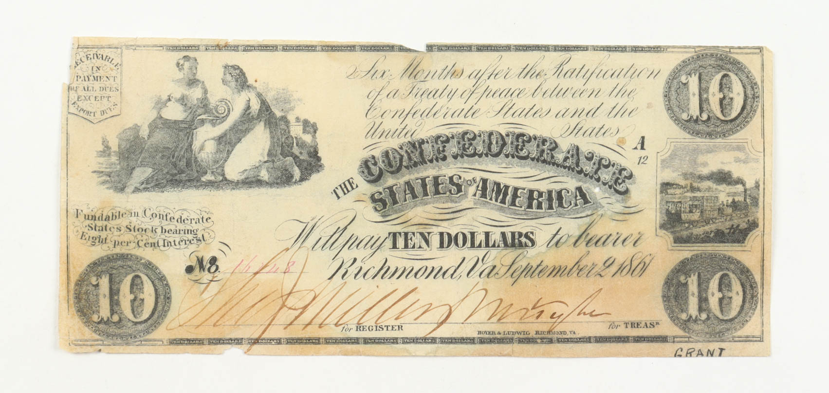 1861 $10 Ten Dollar Confederate States of America Bank Note at PristineAuction.com 1861 $10 Ten Dollar Confederate States of America Bank Note at PristineAuction.com