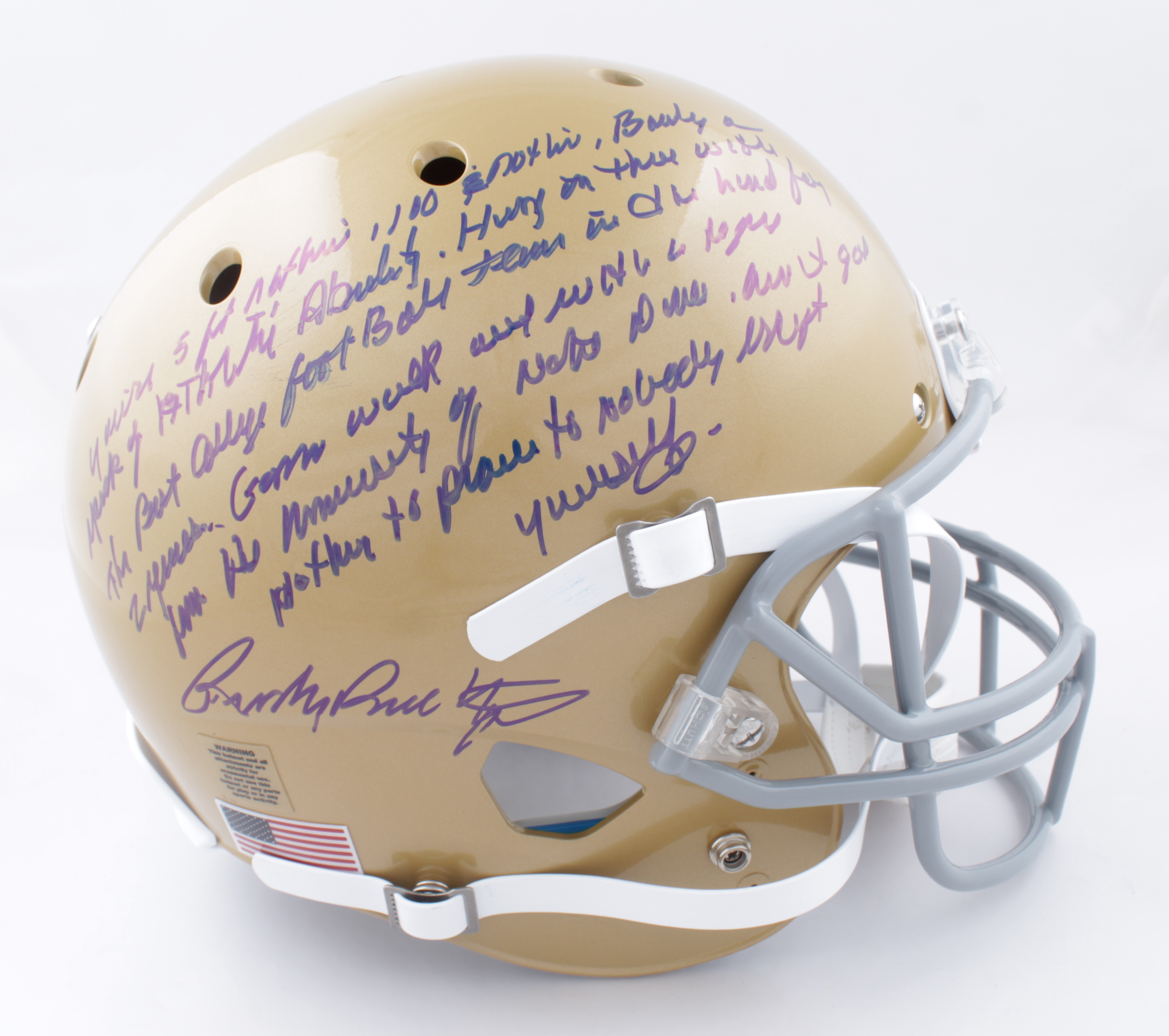 Rudy Ruettiger Signed Notre Dame Fighting Irish Full-Size Helmet with Extensive Inscription (Beckett COA & Ruettiger Hologram) at PristineAuction.com Rudy Ruettiger Signed Notre Dame Fighting Irish Full-Size Helmet with Extensive Inscription (Beckett COA & Ruettiger Hologram) at PristineAuction.com