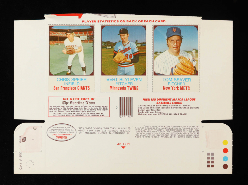 Uncut Sheet of (3) 1975 Hostess Baseball Cards with Tom Seaver #75, Bert Blyleven #74, Chris Speier #73