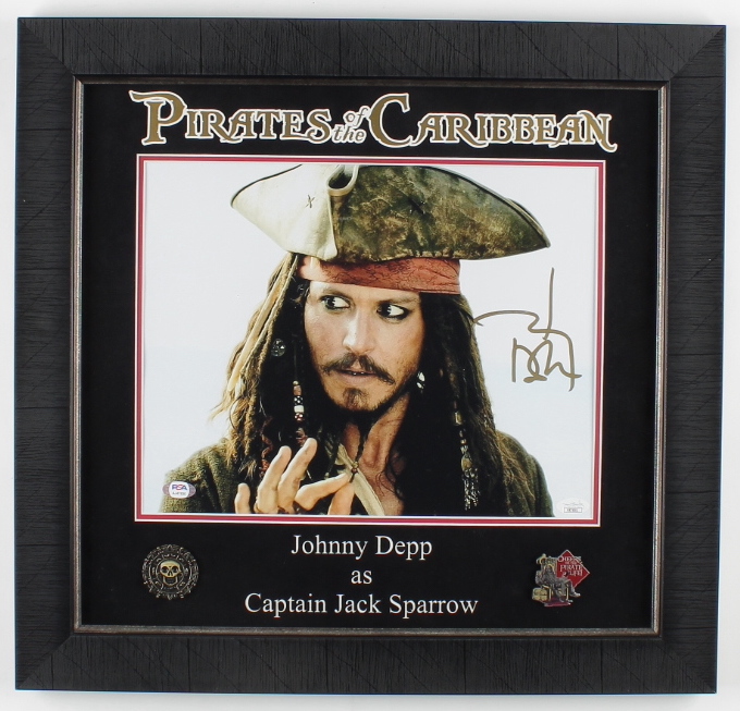 Johnny Depp Signed "Pirates of the Caribbean" 20x21 Custom Framed Photo with 2 Pins (JSA) at PristineAuction.com Johnny Depp Signed "Pirates of the Caribbean" 20x21 Custom Framed Photo with 2 Pins (JSA) at PristineAuction.com