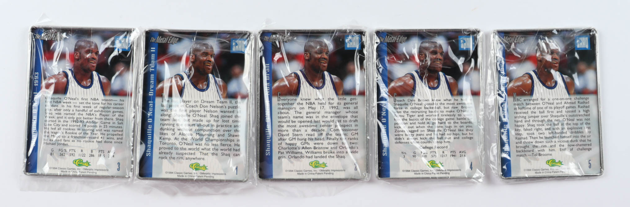 1993-94 Classic The Metal Edge Shaq Tin Basketball Set with (5) Cards at PristineAuction.com 1993-94 Classic The Metal Edge Shaq Tin Basketball Set with (5) Cards at PristineAuction.com